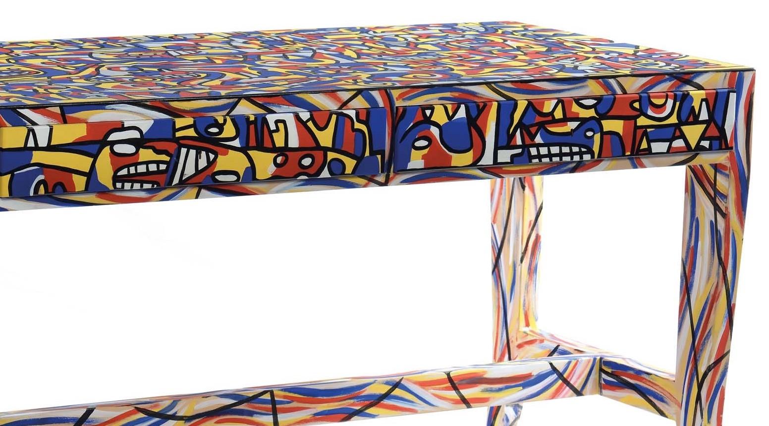 Progetto di Alessandro Guerriero con una decorazione dipinta a mano da Paolo Euchaurren su una scrivania di Gio Ponti. Riprogetta la collezione. Pezzo unico. Decorazione in Wood e acrilico su legno.
Esposto alla mostra Alchimismo, Frigoriferi
