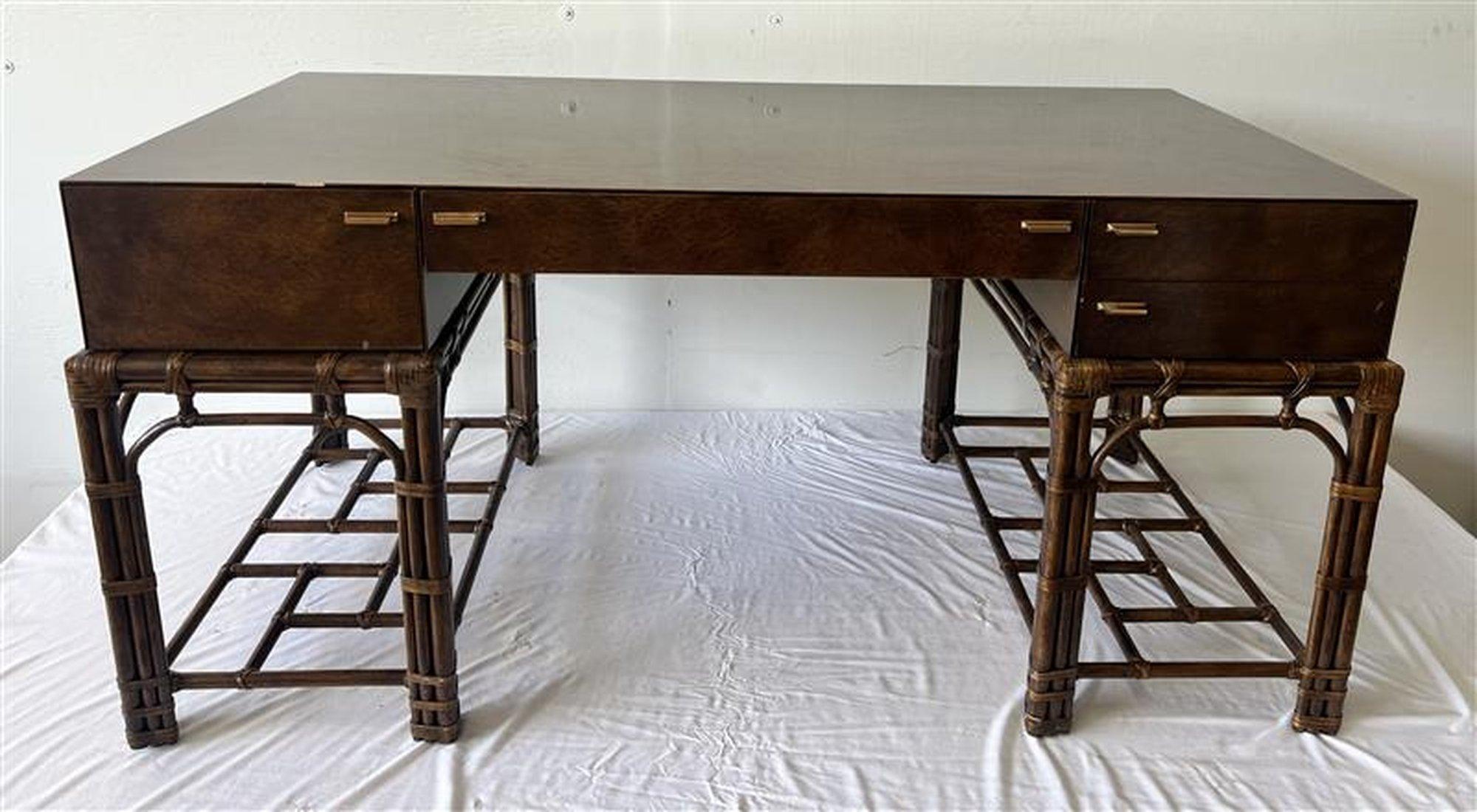 Mid. Century Burled Wood Top, with double pedestal Rattan cage base 
By Gene York for Henredon