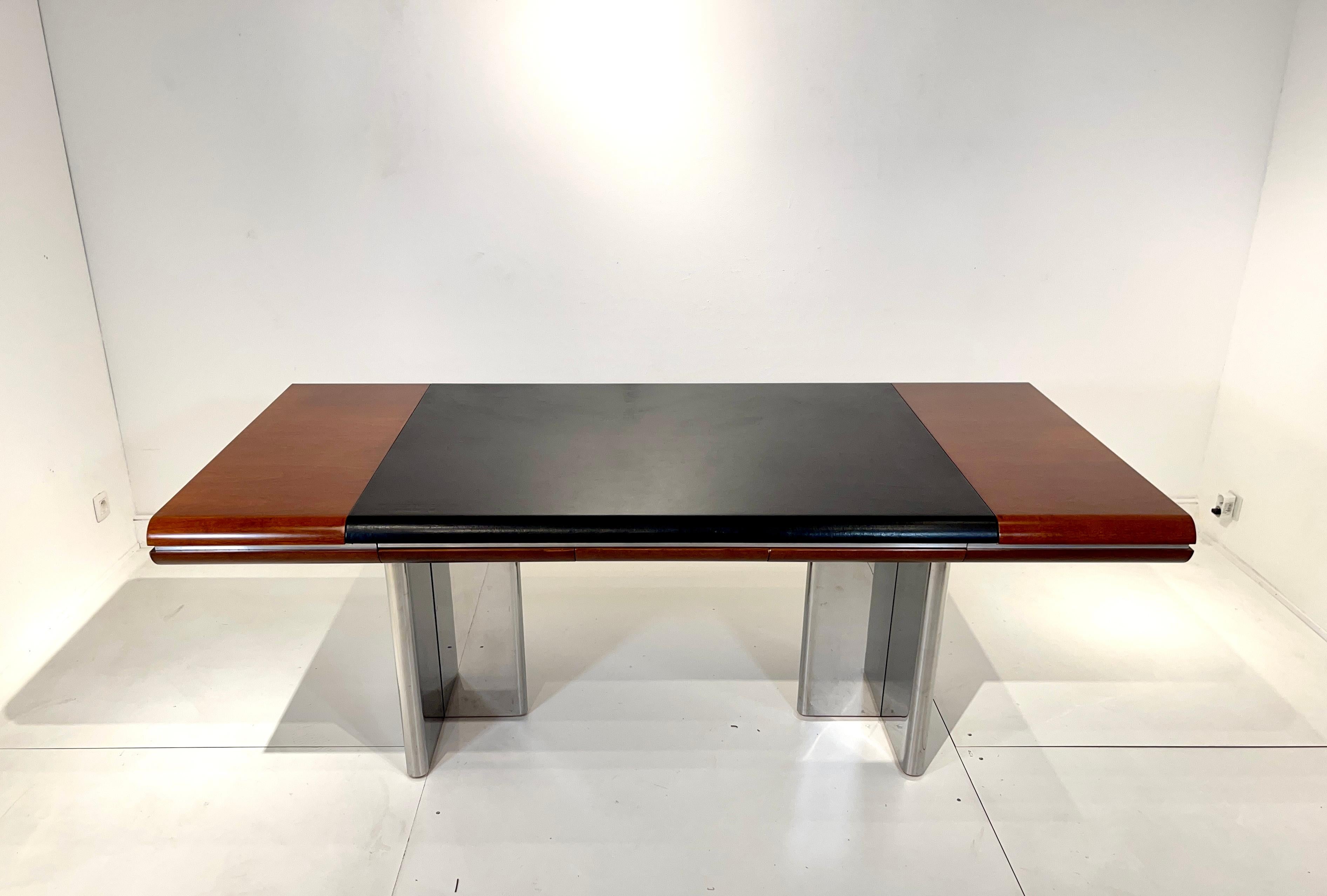 Hans Von Klier for Skipper, writing desks, in mahogany, leather, stainless steel, Italy, 1970s Impressive office desk designed by Hans von Klier. A striking combination of differently textured materials in three colors makes this desk an intriguing