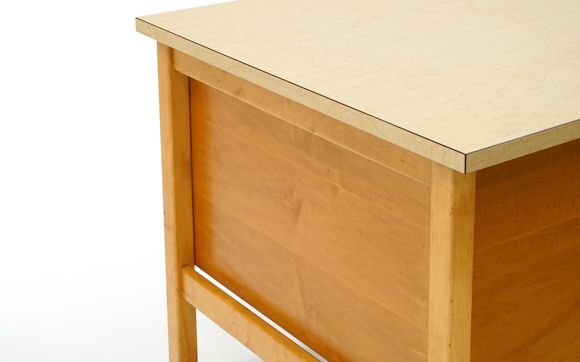 Brass Desk by Jens Risom, Blonde Wood, Blue Drawer Fronts, Chrome Pulls, Laminate Top For Sale