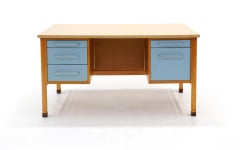 Desk by Jens Risom, Blonde Wood, Blue Drawer Fronts, Chrome Pulls, Laminate Top
