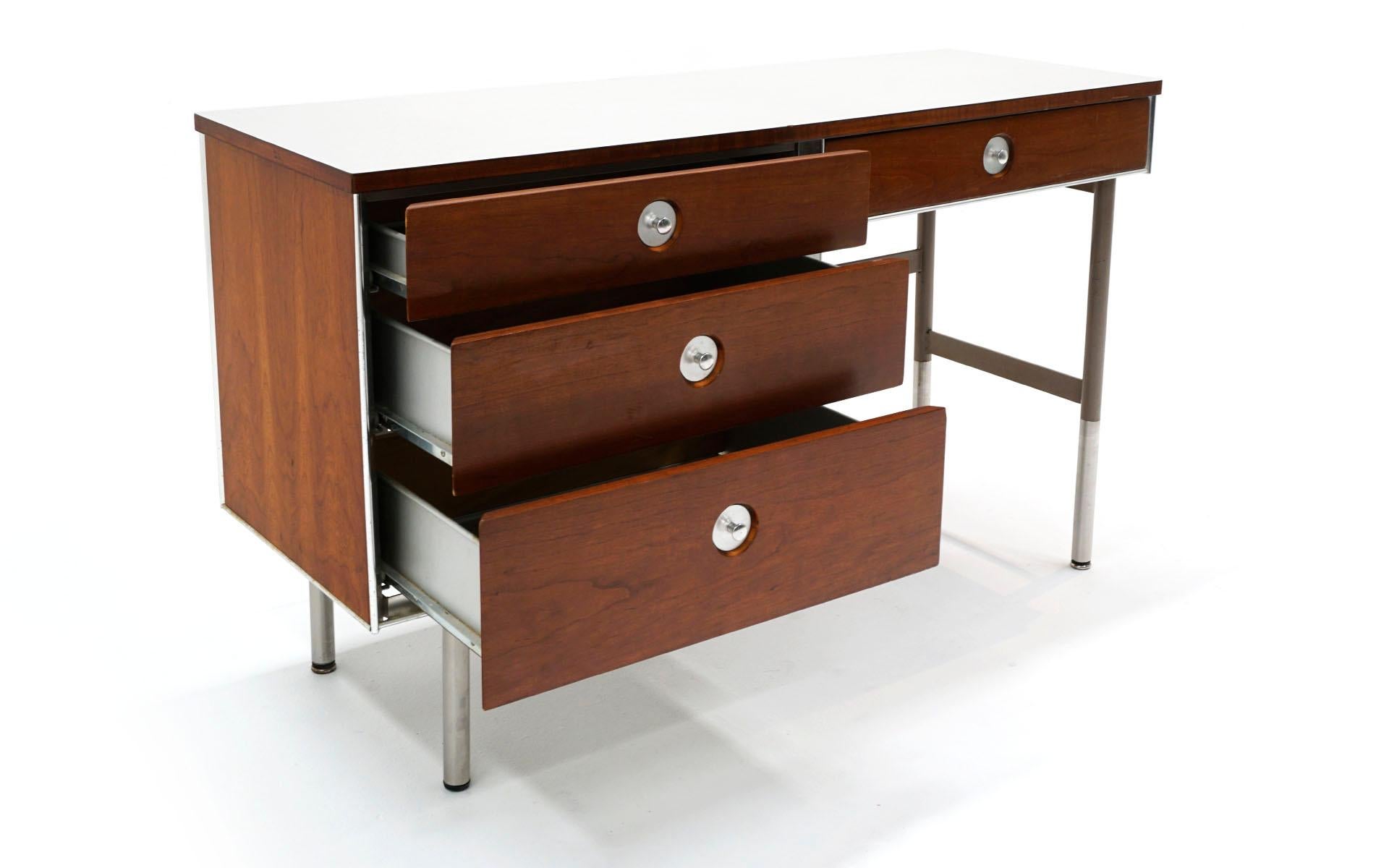 Mid-Century Modern Desk by Raymond Loewy for Hill Rom, Walnut with off White Laminate Top, Original