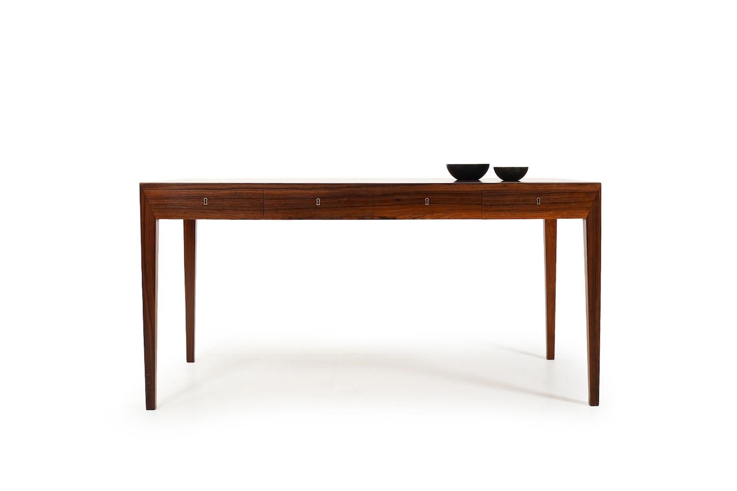 Freestanding desk, mod. 36 by Severin Hansen Jr. for Haslev Møbelsnedkeri, Denmark 1960s. Made in dark wood. Beautiful wood graining. Elegant shape with four drawers in front.