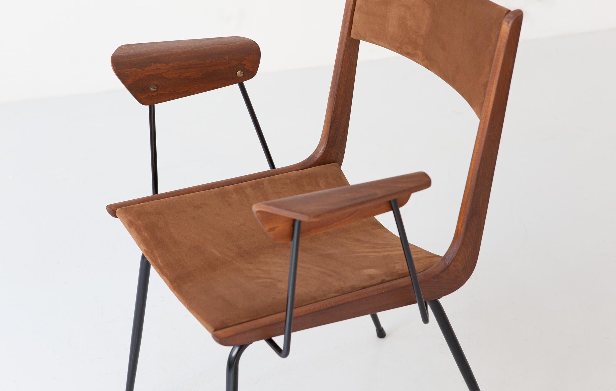 Italian Desk Chair by Carlo Ratti in Suede Leather, Fully Restored