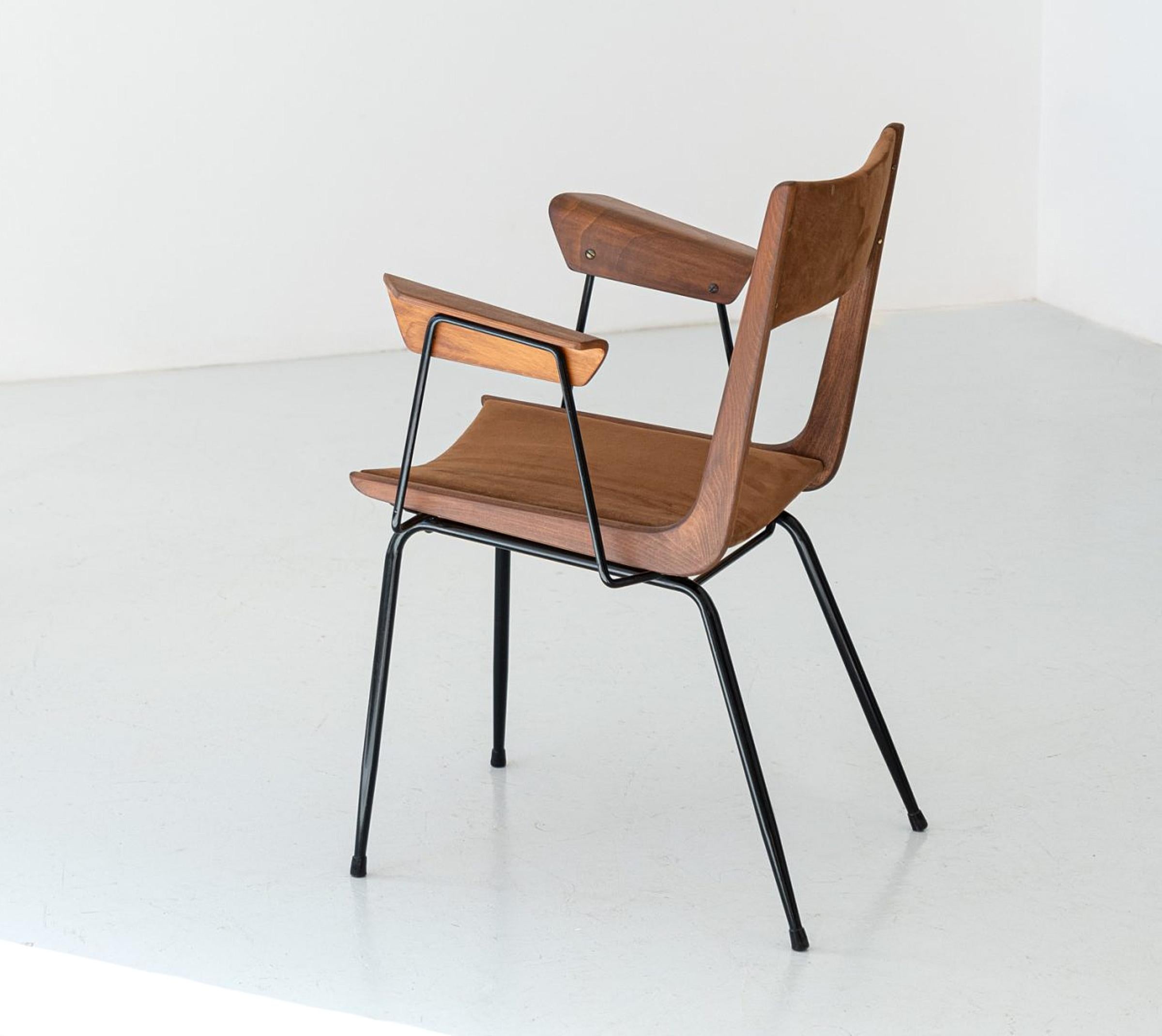Desk Chair by Carlo Ratti in Suede Leather, Fully Restored In Good Condition In Rome, IT