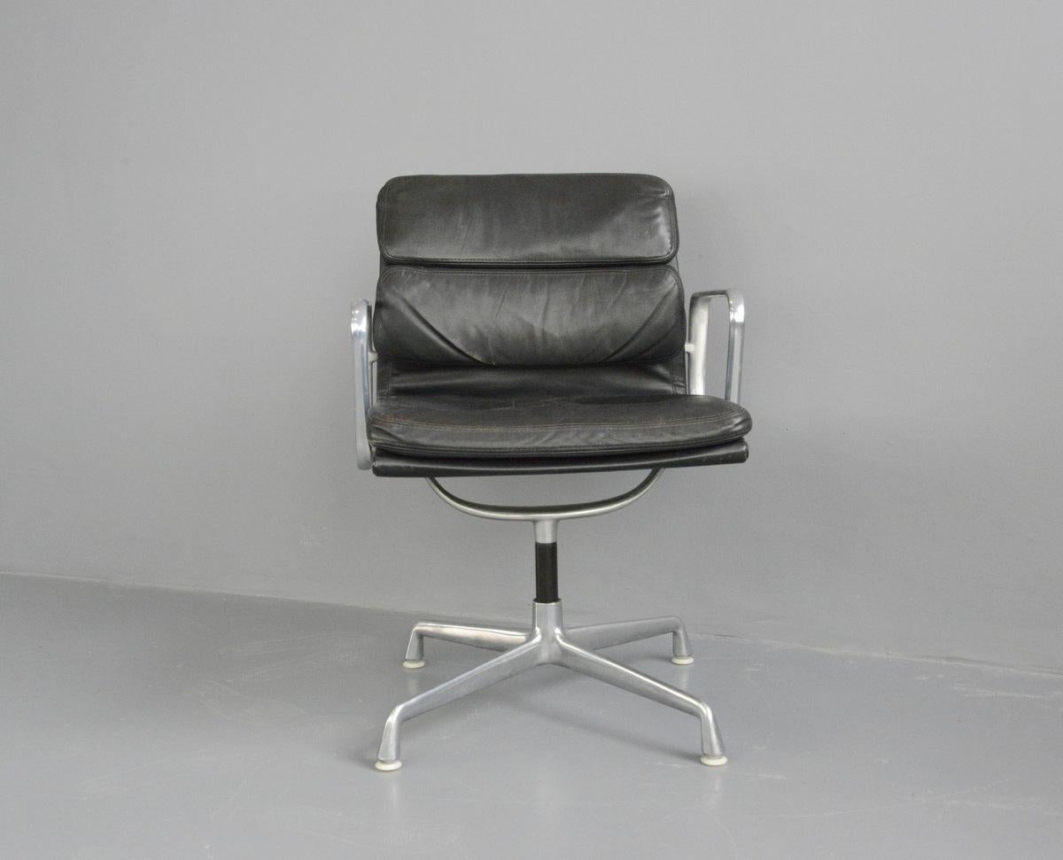 Desk chair by Herman Miller circa 1970s

- Black leather seat
- Cast aluminium frame and base
- Swivels 360
- Model EA 208
- Designed by Charles and Ray Eames
- Produced by Herman Miller
- American ~ 1970s
- Measures: 58cm wide x 55cm deep