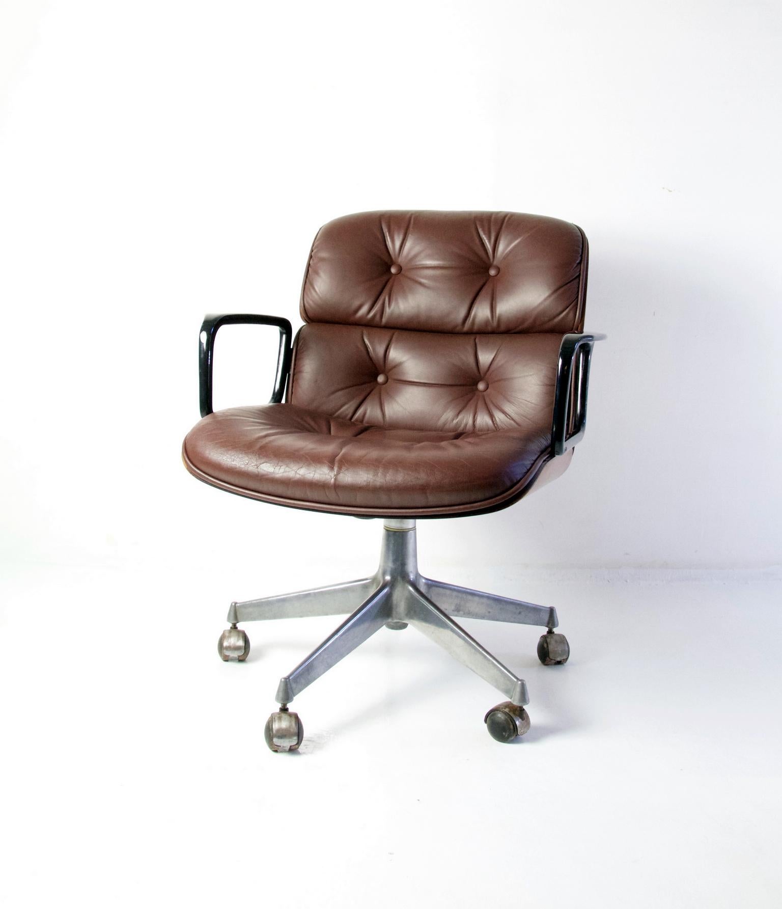 Designed by Ico Parisi 1958 for MiM, Rome. In teak, leather and with a five star base in aluminium on wheels. The chair has an adjustable seating height of 45-55 cm approximately. Great functionality of wheels etc and overall condition good. Very