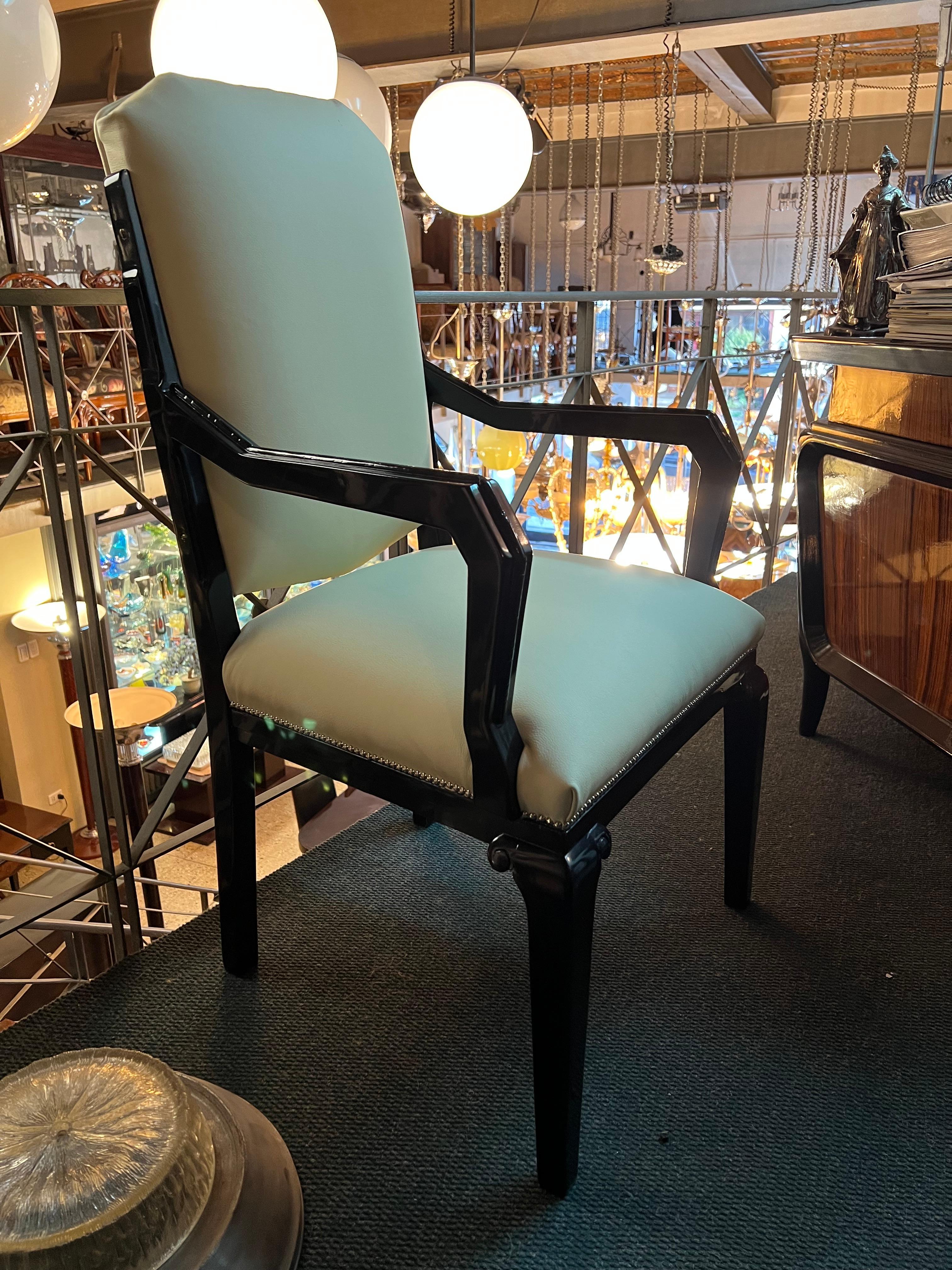 Art Deco Armchair 
Wood and leather
Year: 1930
Country: France
If you are looking for a desk chair to match your desk, we have what you need. 
We have specialized in the sale of Art Deco and Art Nouveau and Vintage styles since 1982.If you have any