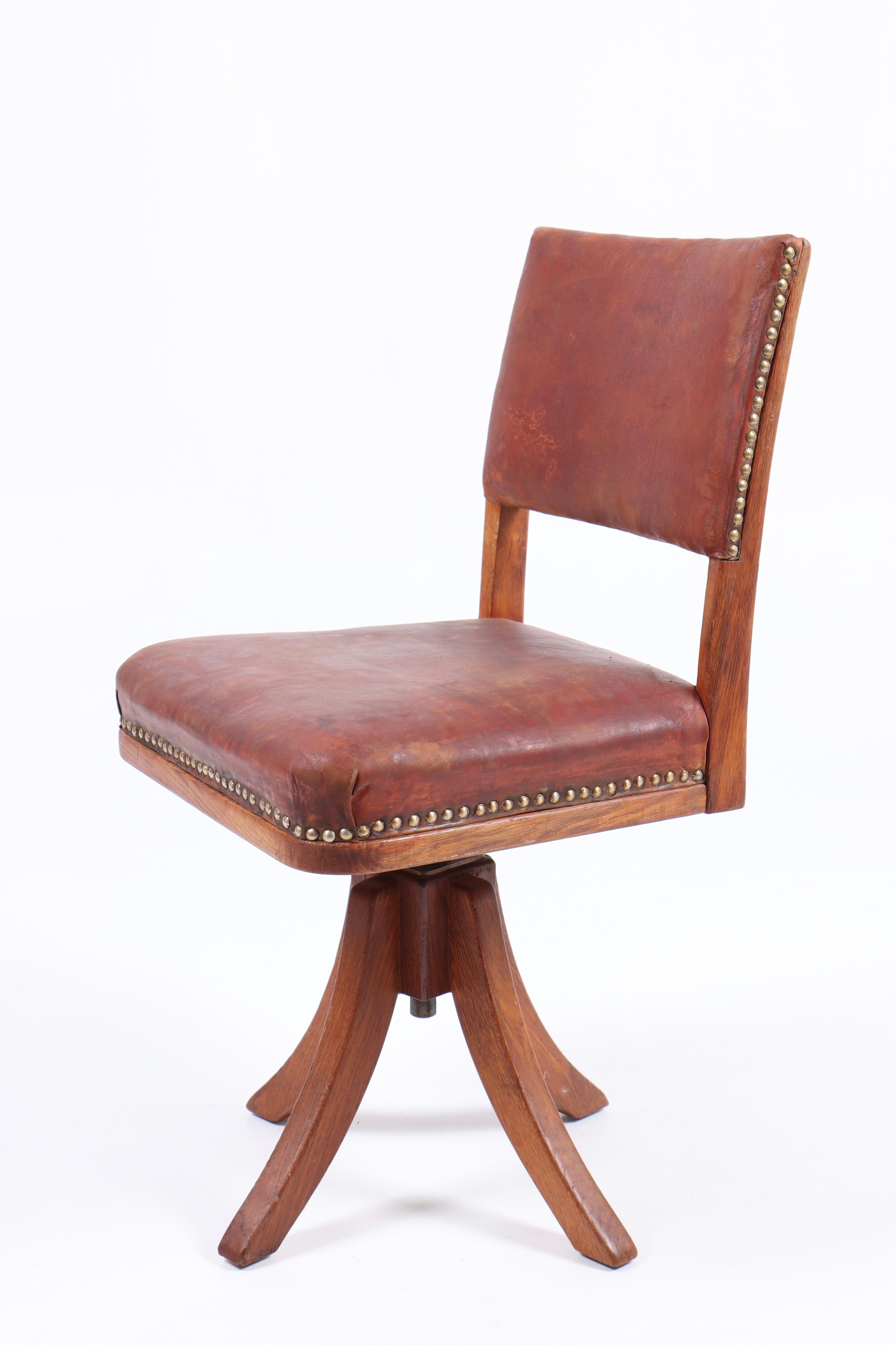 Scandinavian Desk Chair in Patinated Leather and Oak by Danish Cabinetmaker Frits Henningsen For Sale