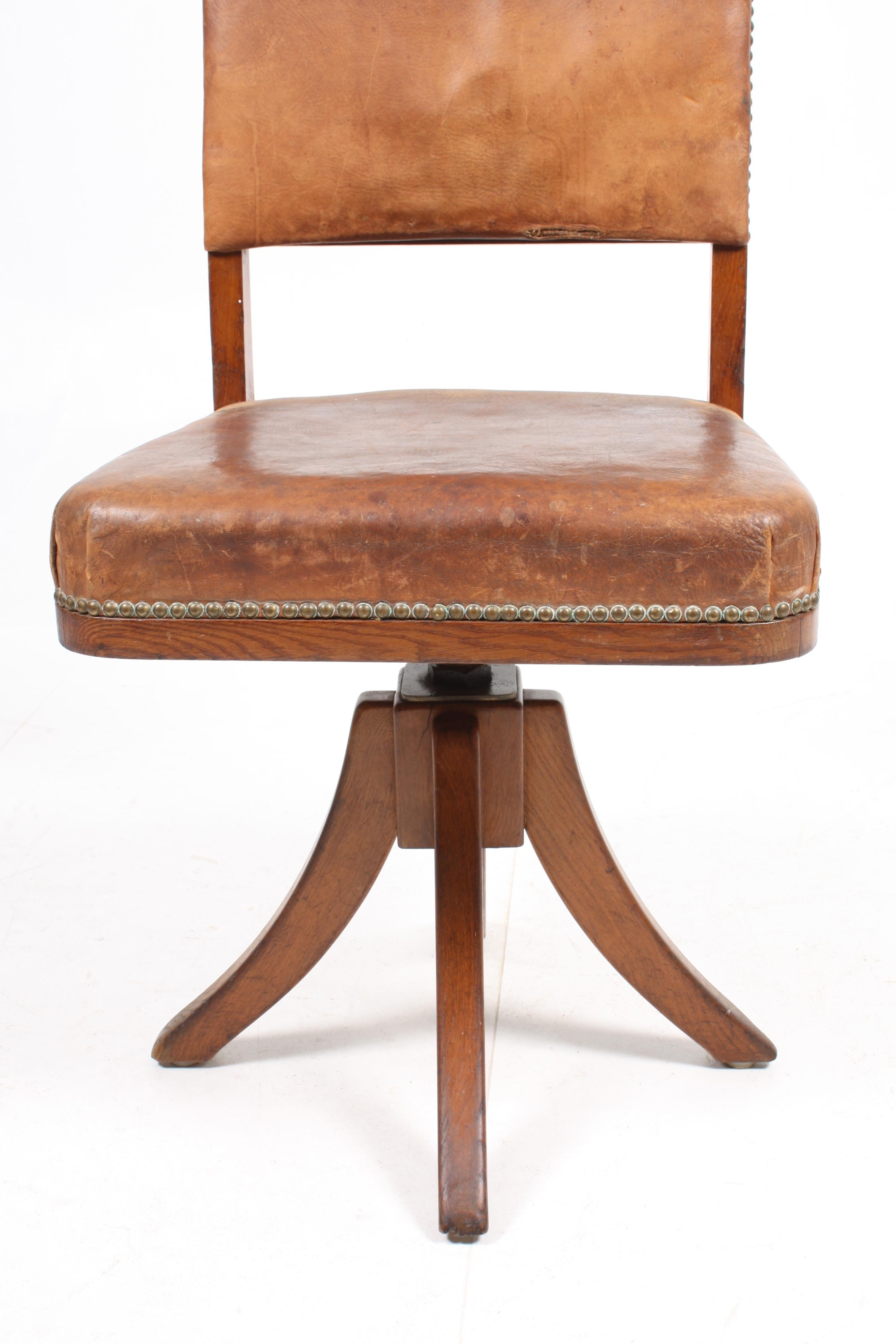 Desk Chair in Patinated Leather and Oak by Danish Cabinetmaker Frits Henningsen 1