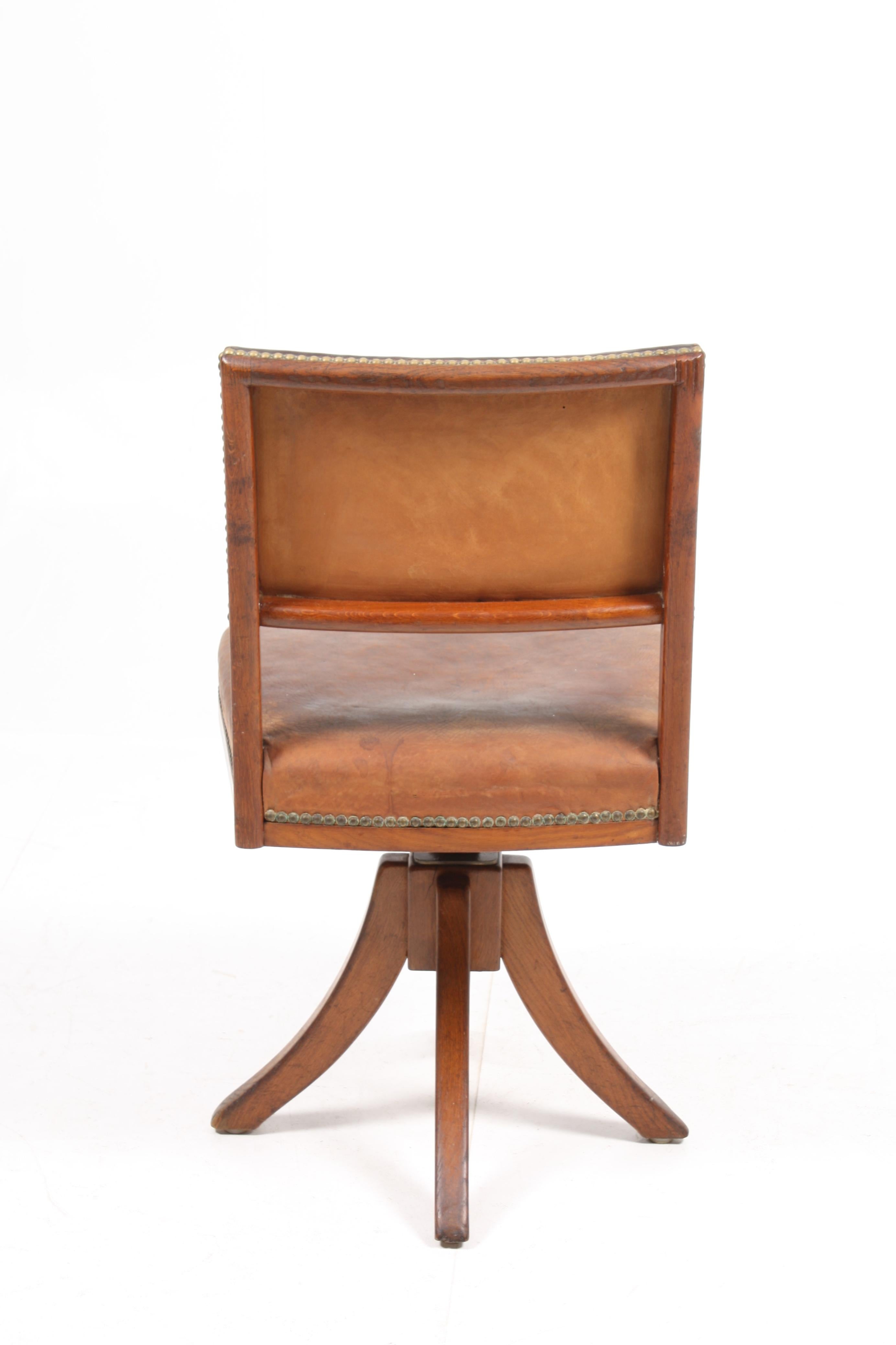 Desk Chair in Patinated Leather and Oak by Danish Cabinetmaker Frits Henningsen 3