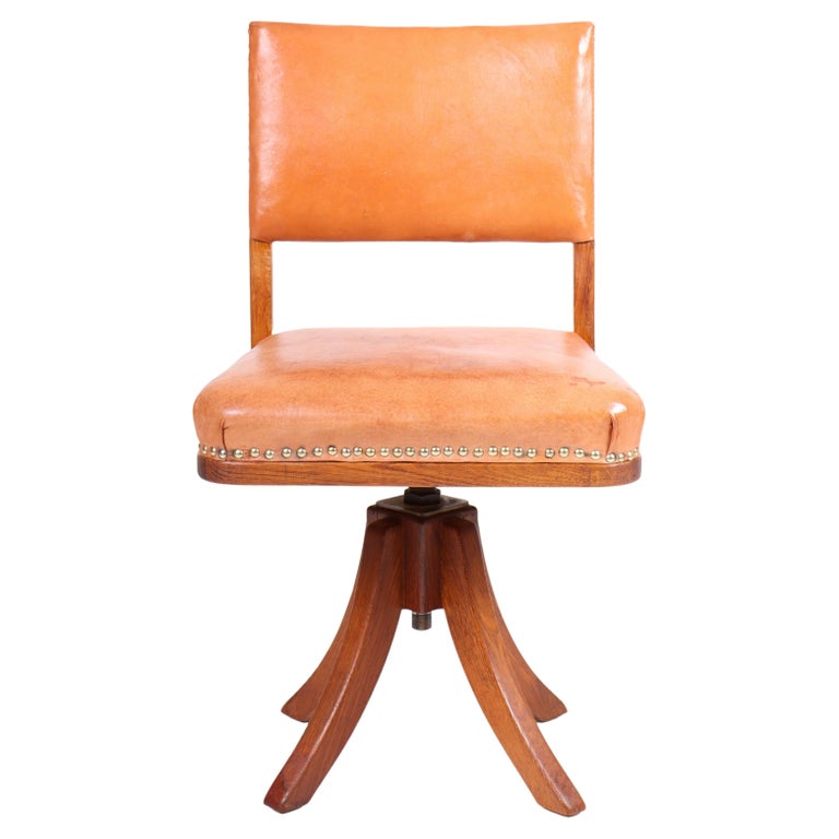 Desk Chair in Patinated Leather and Oak by Danish Cabinetmaker Frits Henningsen For Sale