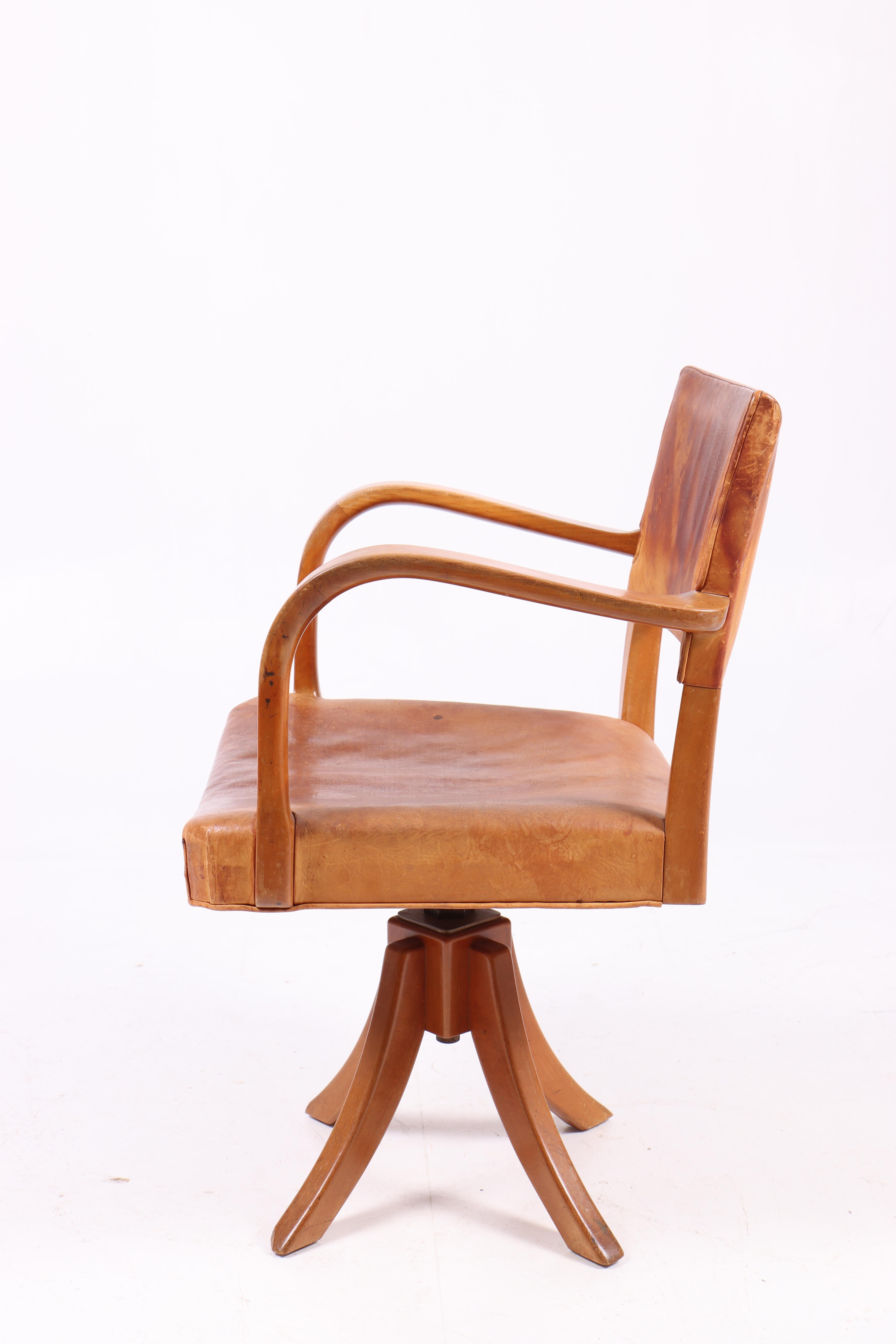 Scandinavian Modern Desk Chair in Patinated Leather by Danish Cabinetmaker 1940s For Sale