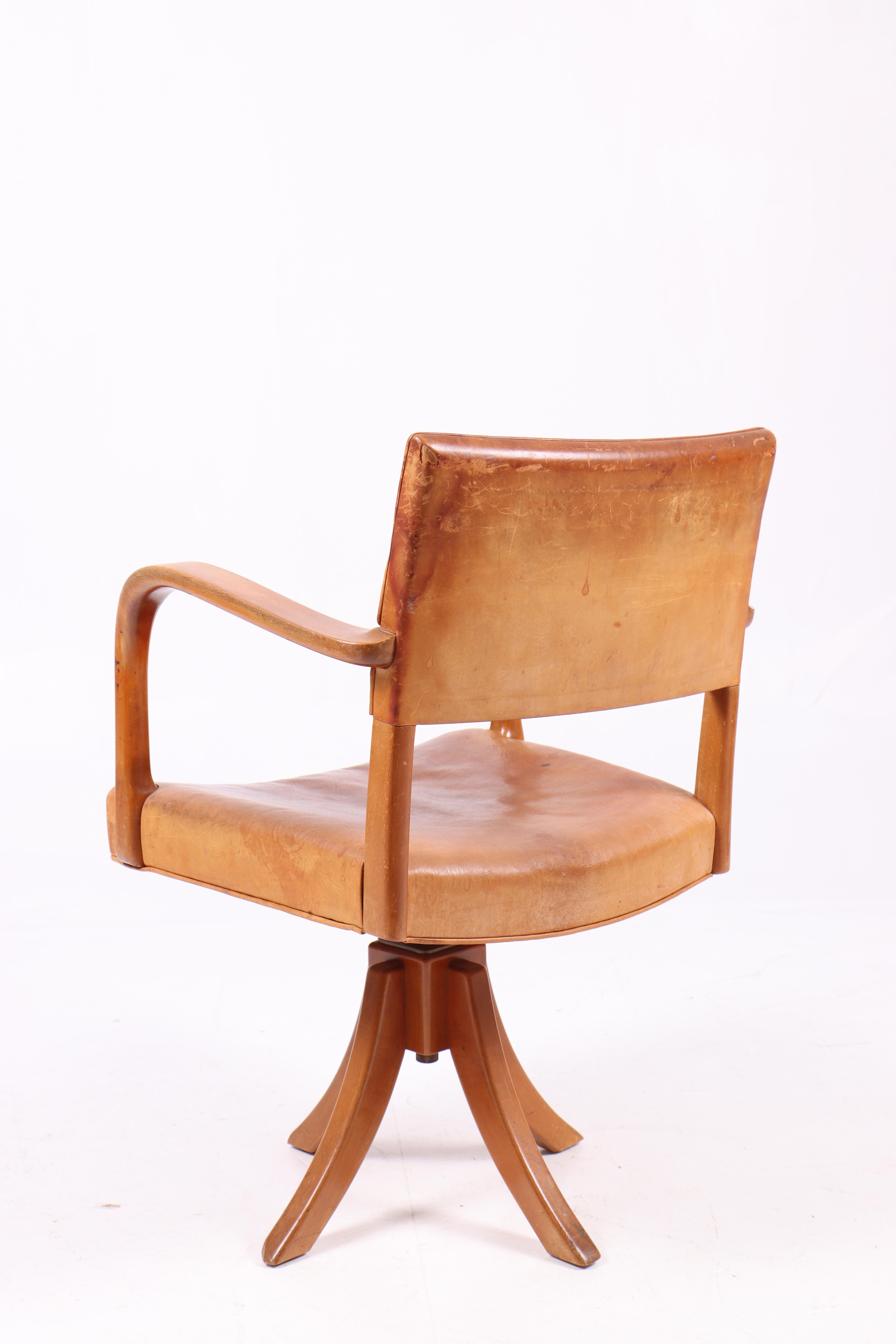 Scandinavian Desk Chair in Patinated Leather by Danish Cabinetmaker 1940s For Sale