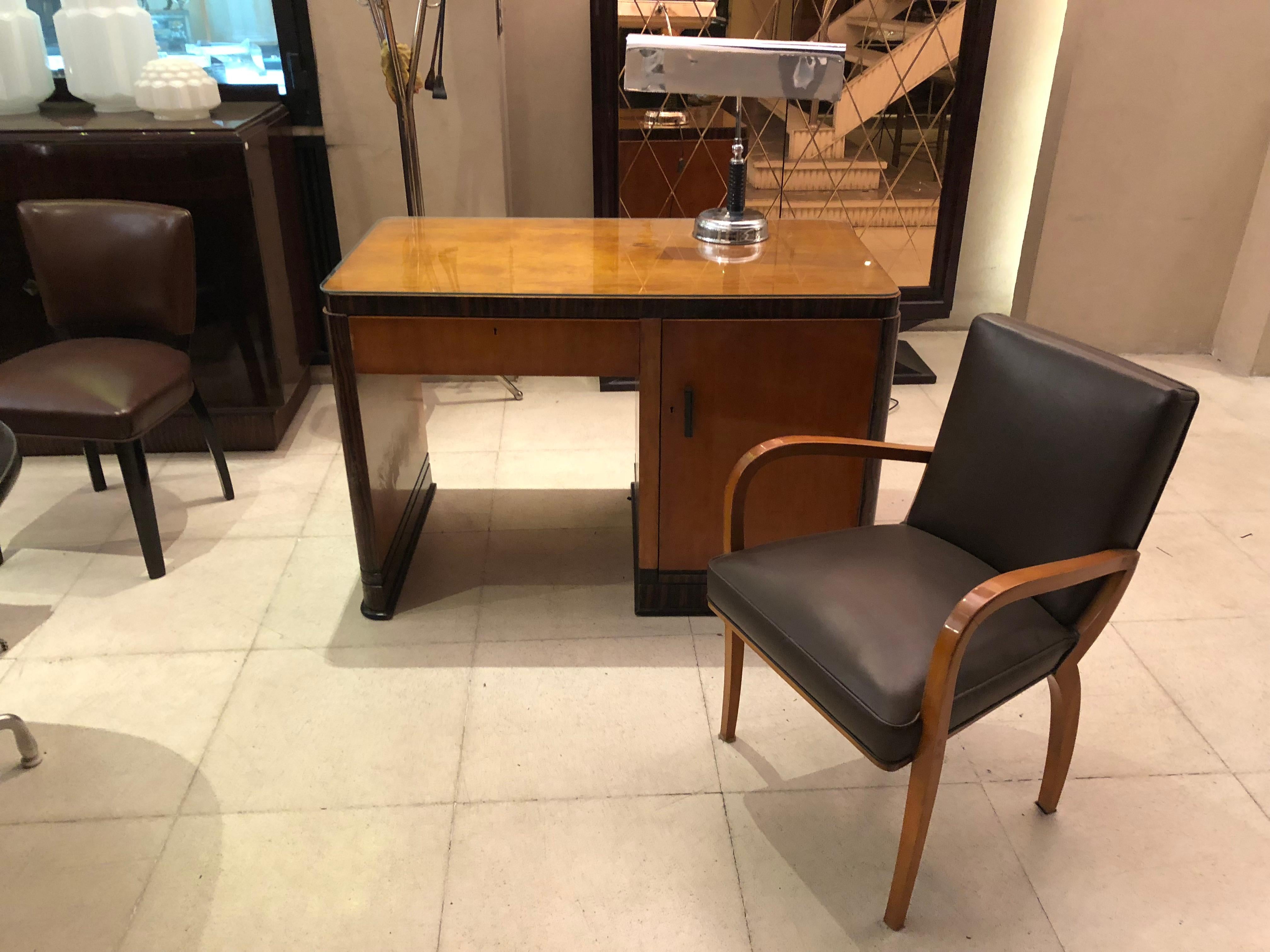 Art Deco desk chair

Material: leather and wood
Year: 1930
Country: France
If you are looking for a desk chair to match your desk, we have what you need. 
We have specialized in the sale of Art Deco and Art Nouveau and Vintage styles since 1982.If
