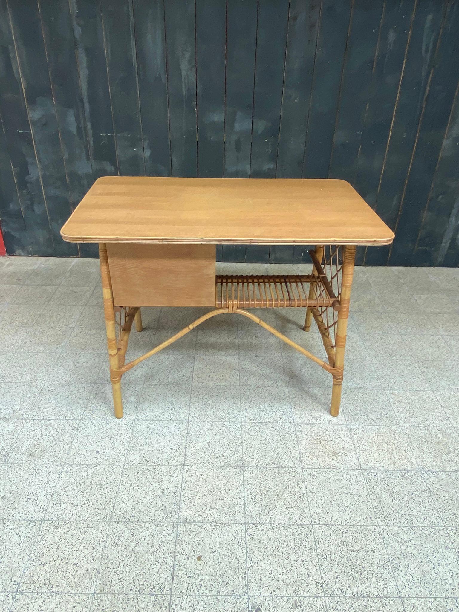 Louis Sognot , Desk circa 1960 in Banbou, Rattan and Oak Veneer,  1