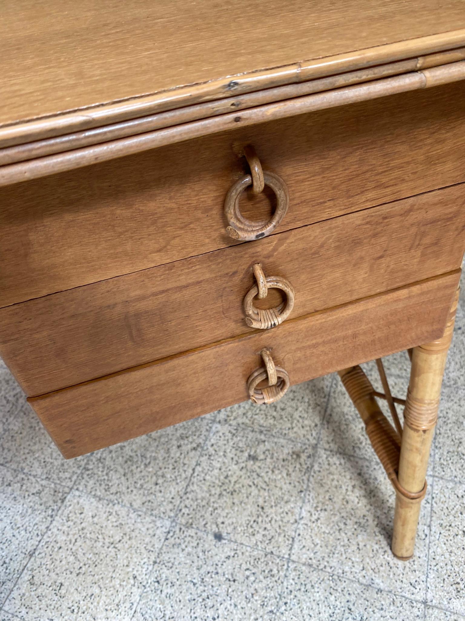 Mid-20th Century Louis Sognot , Desk circa 1960 in Banbou, Rattan and Oak Veneer, 