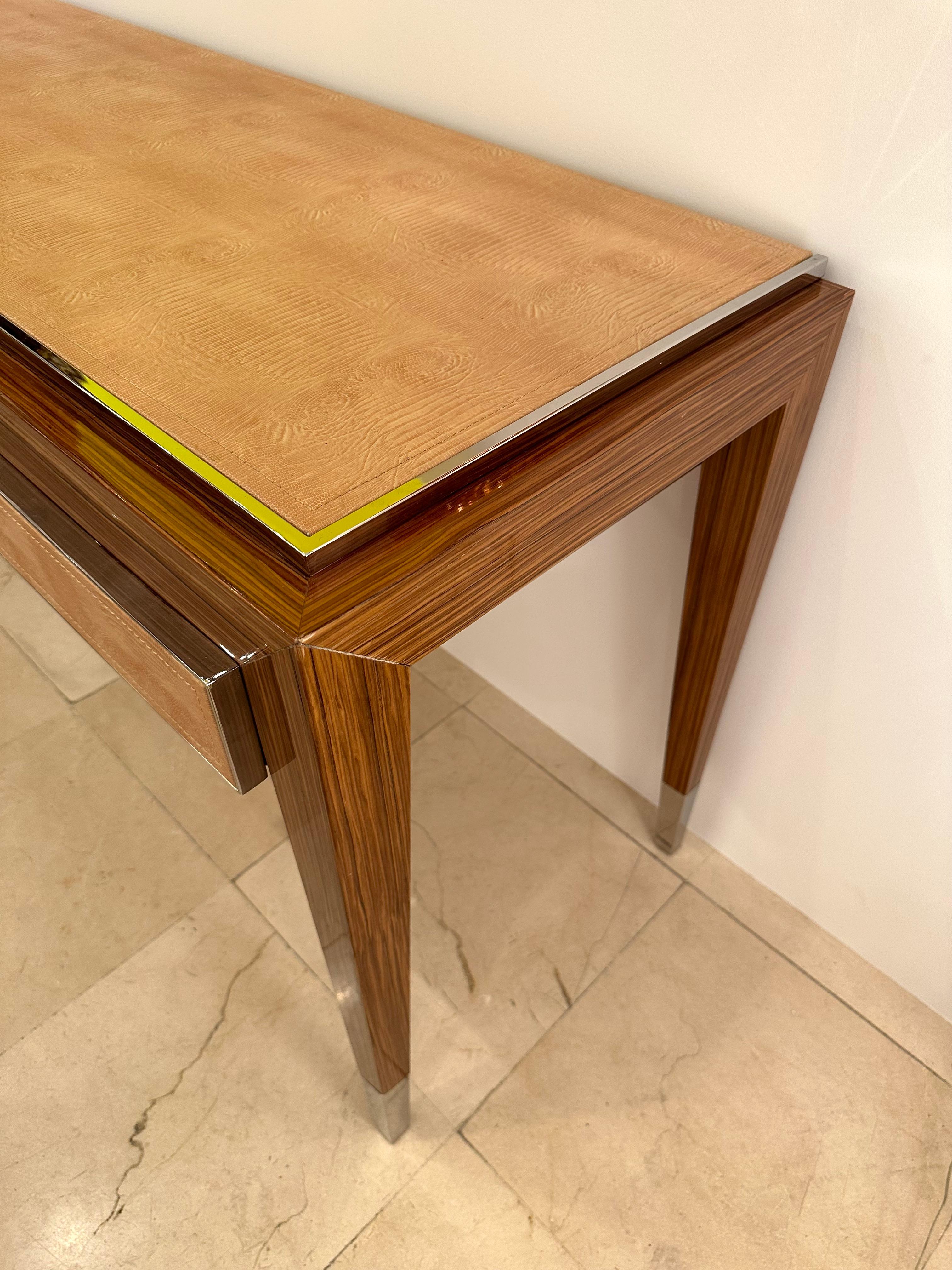 Desk Console Table Wood Metal and Leather by Gervasoni. Italy, 2000s In Good Condition For Sale In SAINT-OUEN, FR