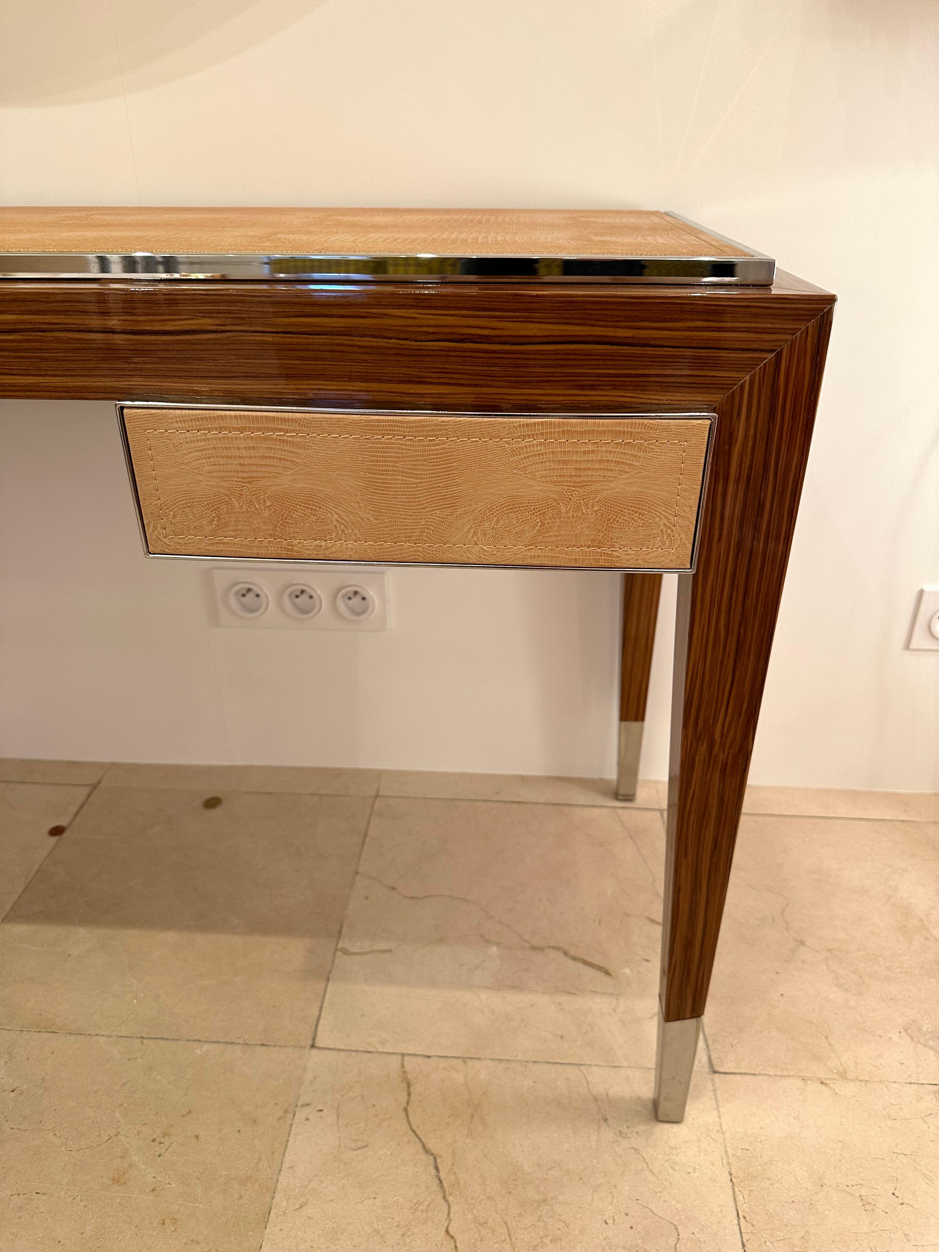Contemporary Desk Console Table Wood Metal and Leather by Gervasoni. Italy, 2000s For Sale