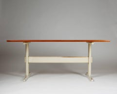 1950s Danish Modern Table Teak Top with Cream-Coloured Metal Trestle Base