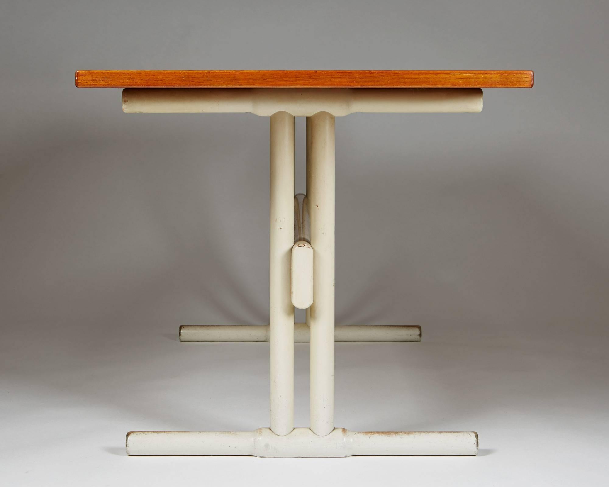 Scandinavian Modern 1950s Danish Modern Table Teak Top with Cream-Coloured Metal Trestle Base For Sale