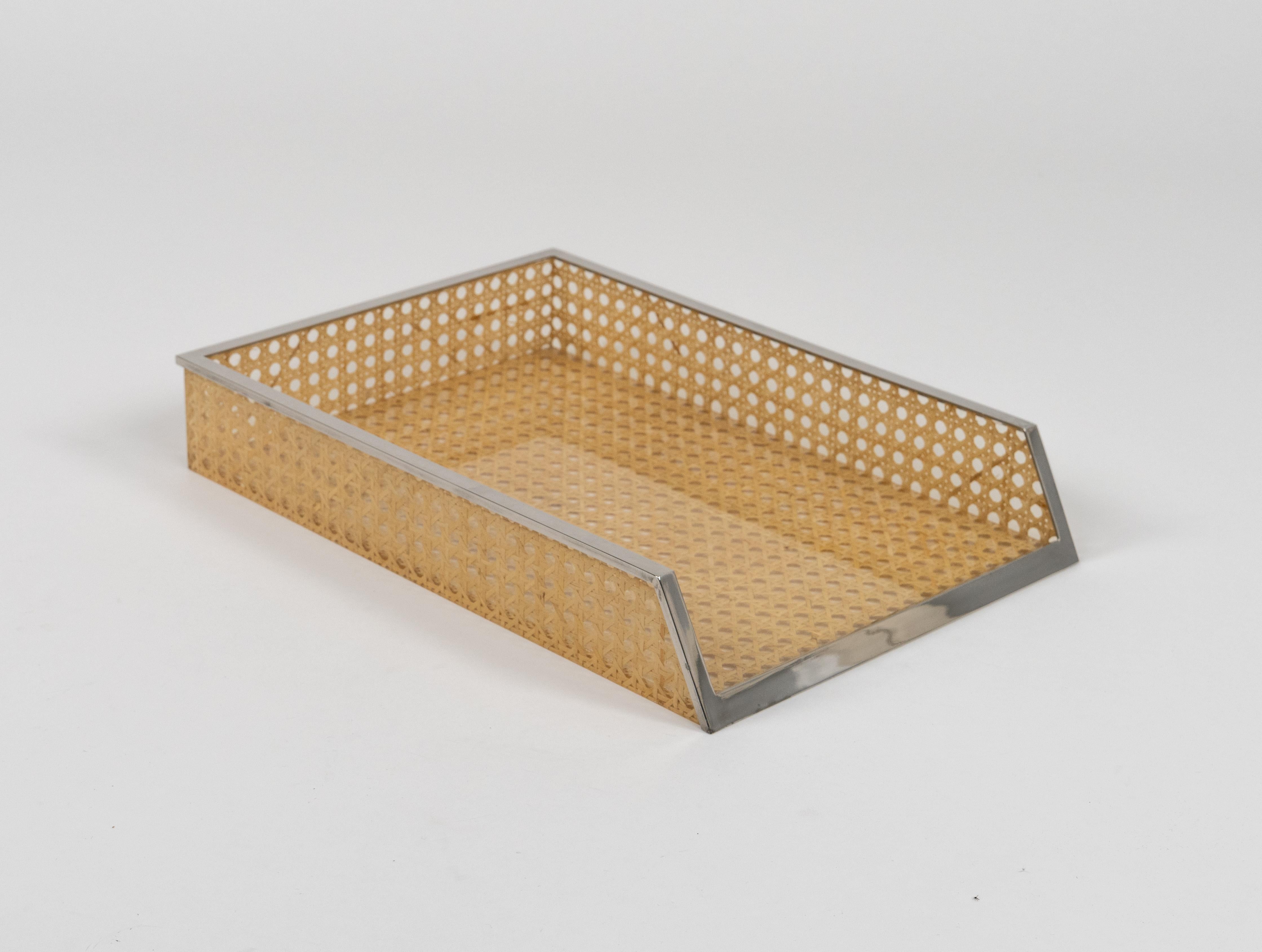 Mid-Century Modern Desk Document Holder in Lucite, Rattan & Steel Christian Dior Style, Italy 1970s For Sale