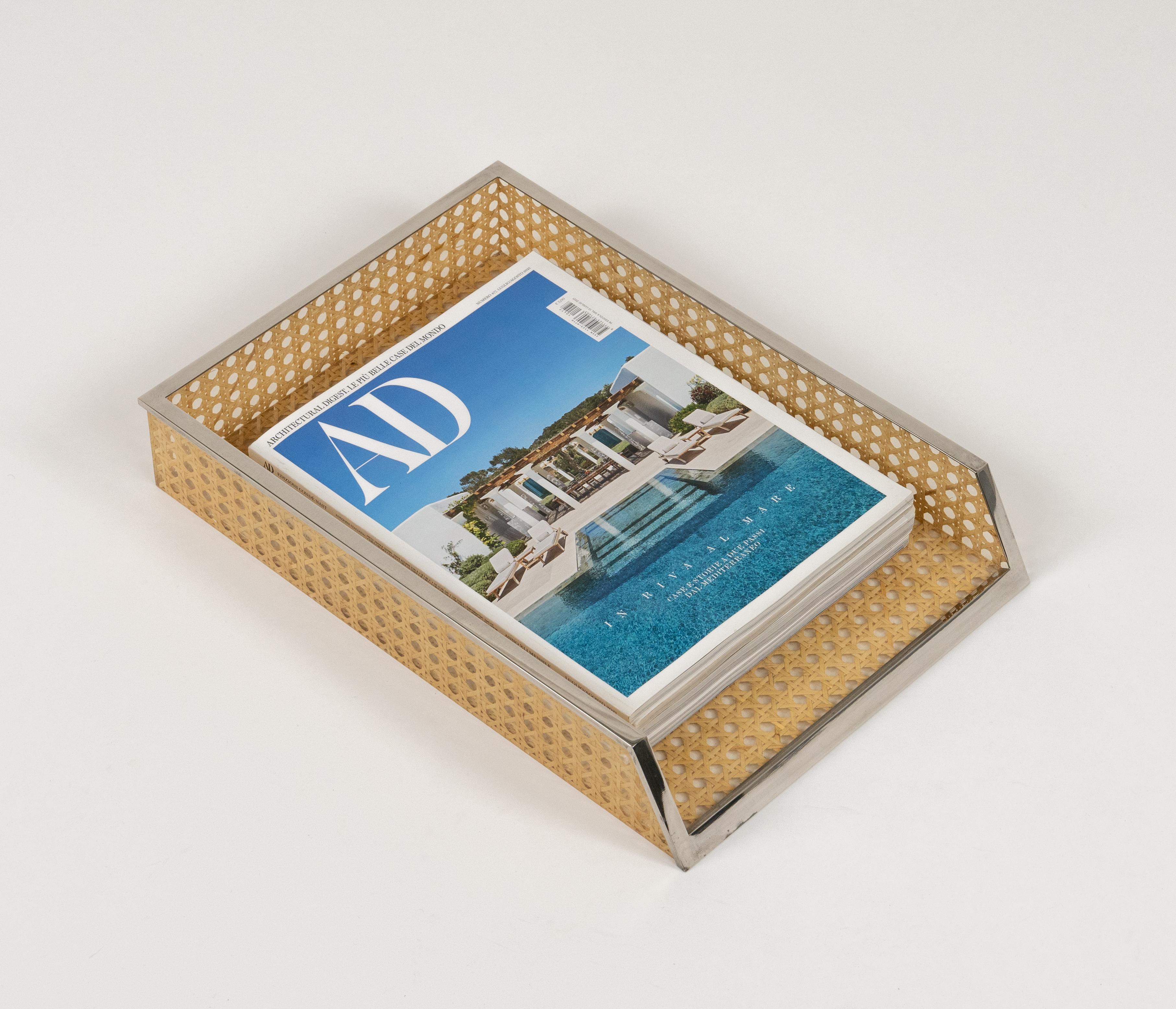 Italian Desk Document Holder in Lucite, Rattan & Steel Christian Dior Style, Italy 1970s For Sale