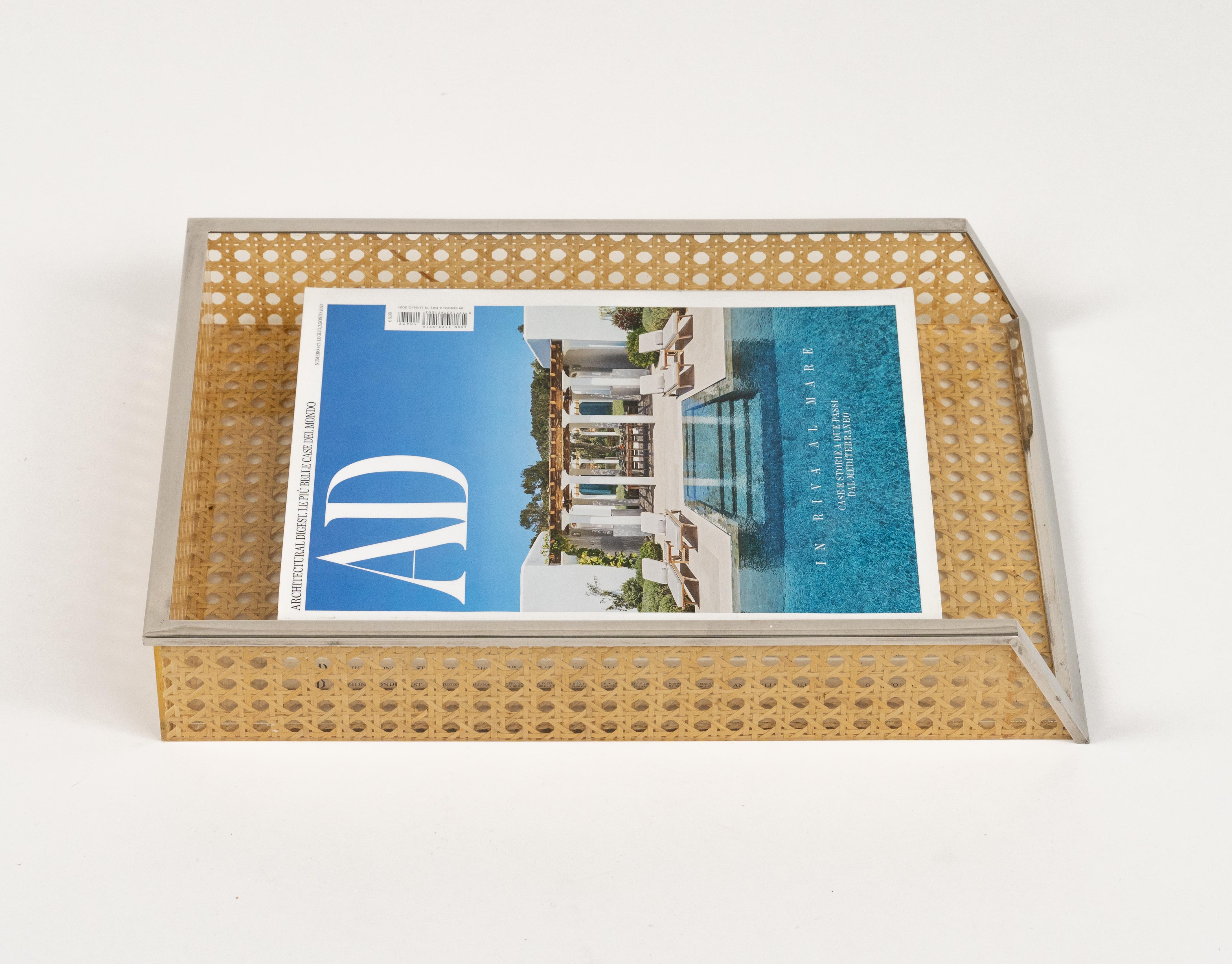 Late 20th Century Desk Document Holder in Lucite, Rattan & Steel Christian Dior Style, Italy 1970s For Sale