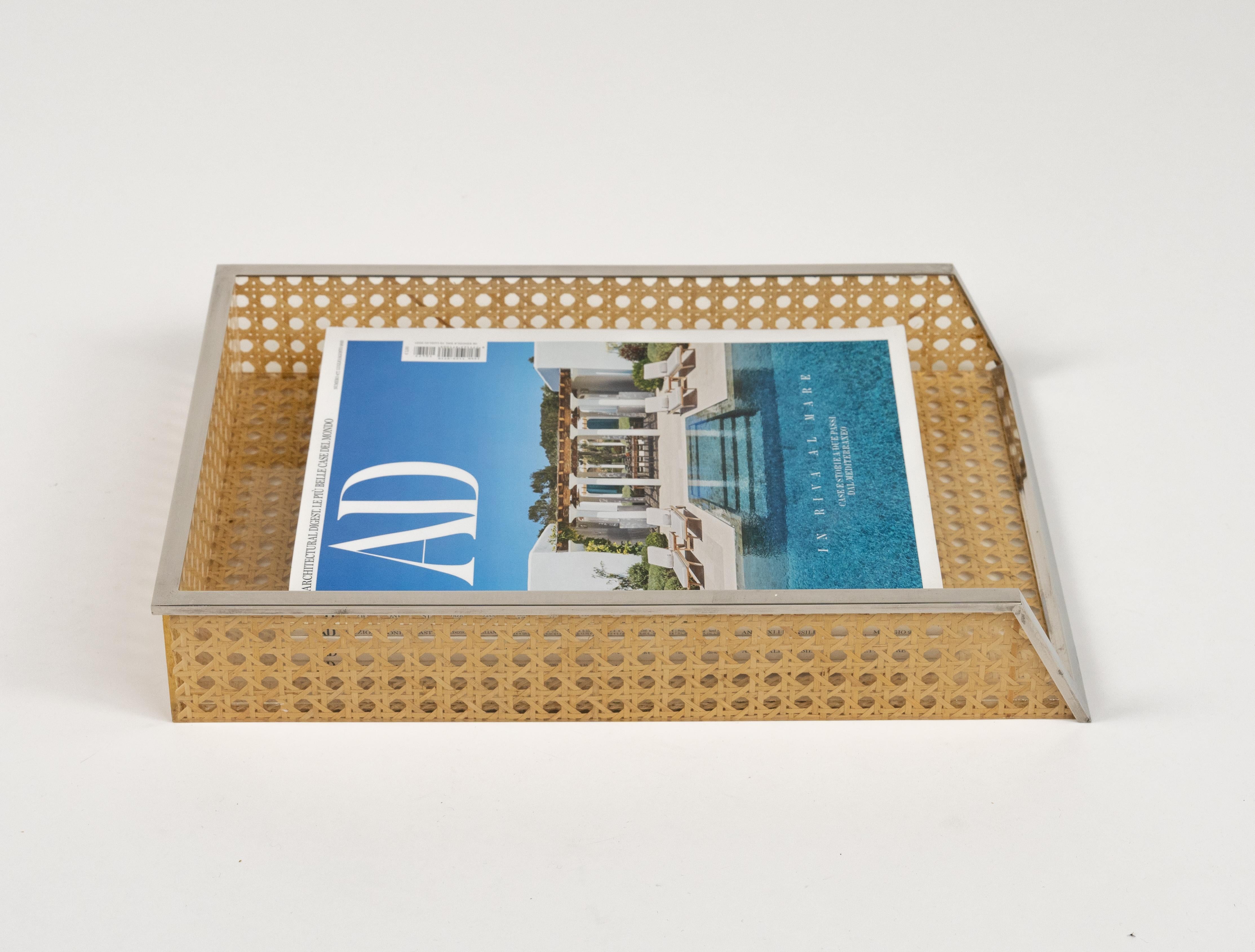 Metal Desk Document Holder in Lucite, Rattan & Steel Christian Dior Style, Italy 1970s For Sale