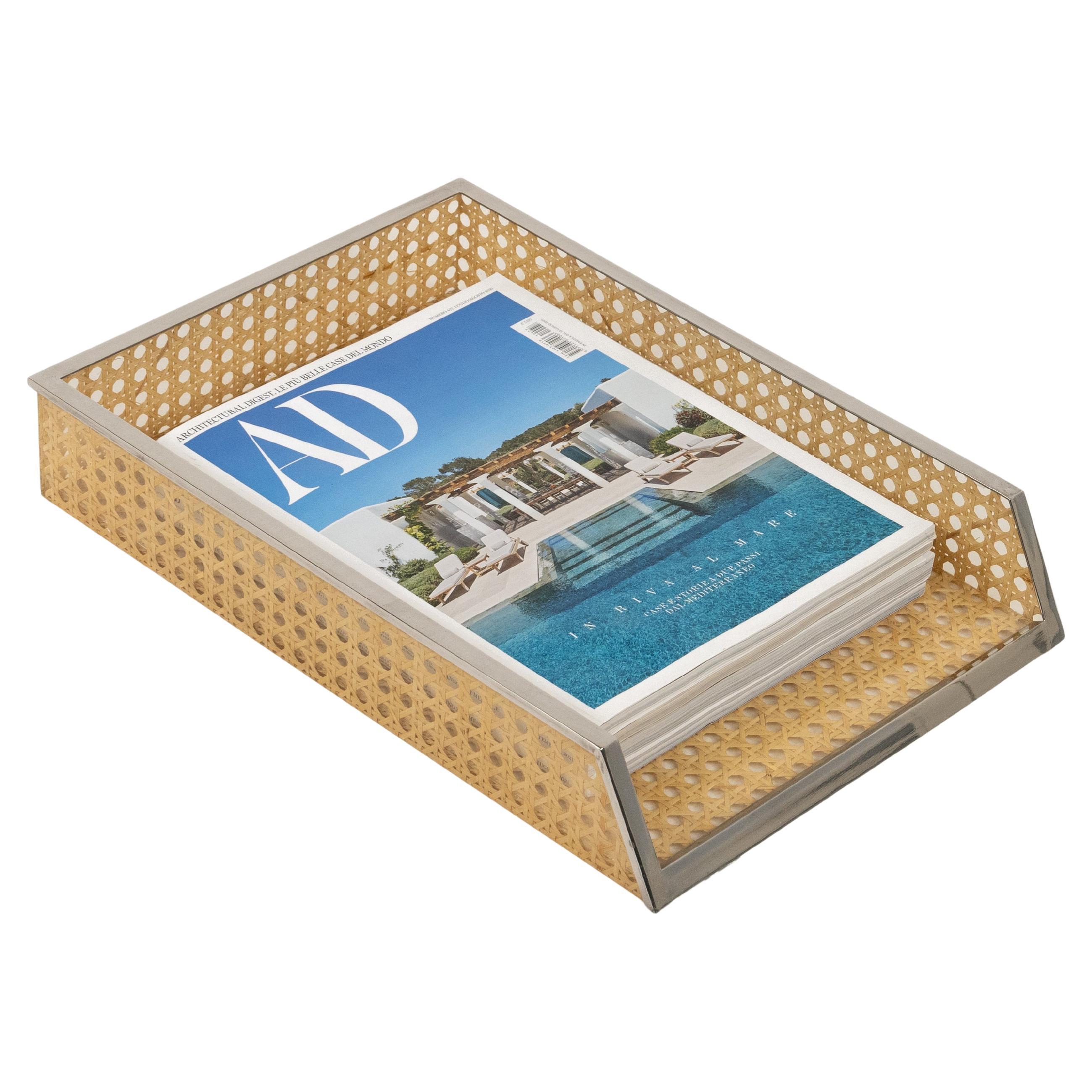 Porte-documents de bureau en lucite, rotin et acier de style Christian Dior, Italie, années 1970