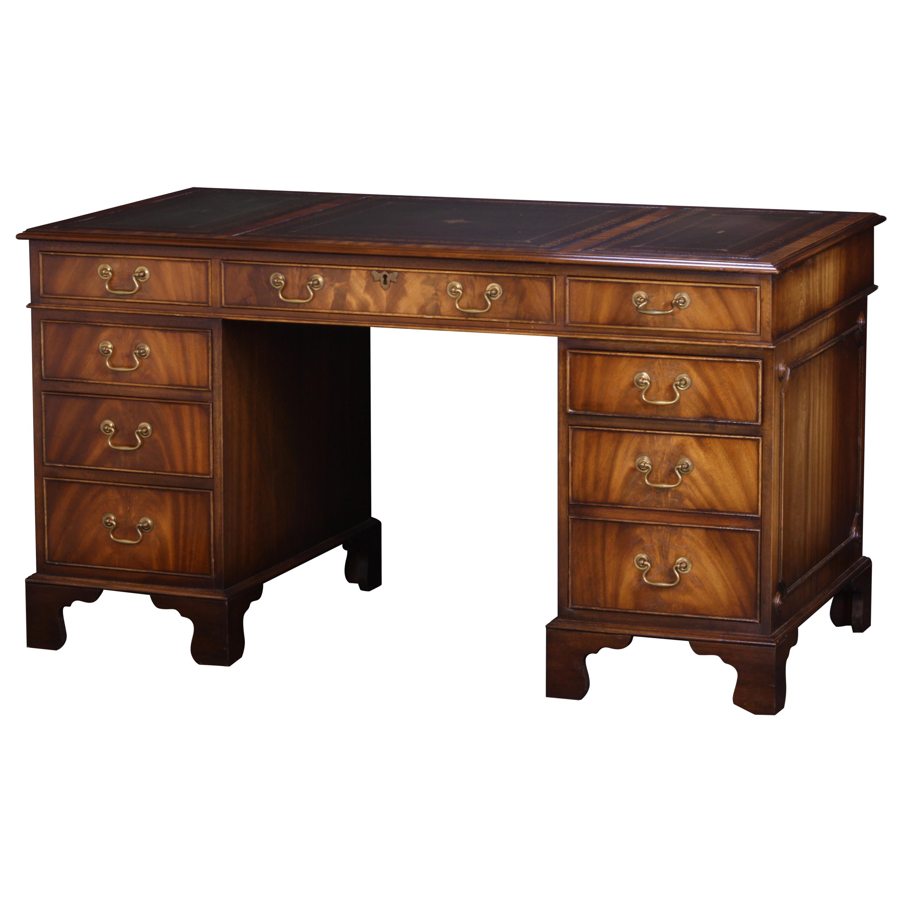 Desk English Double Pedestal in Mahogany with Tooled Green Leather Top