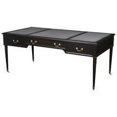 Desk, Executive Desk, Black with Grey Leather Top, Regency Style with Brass