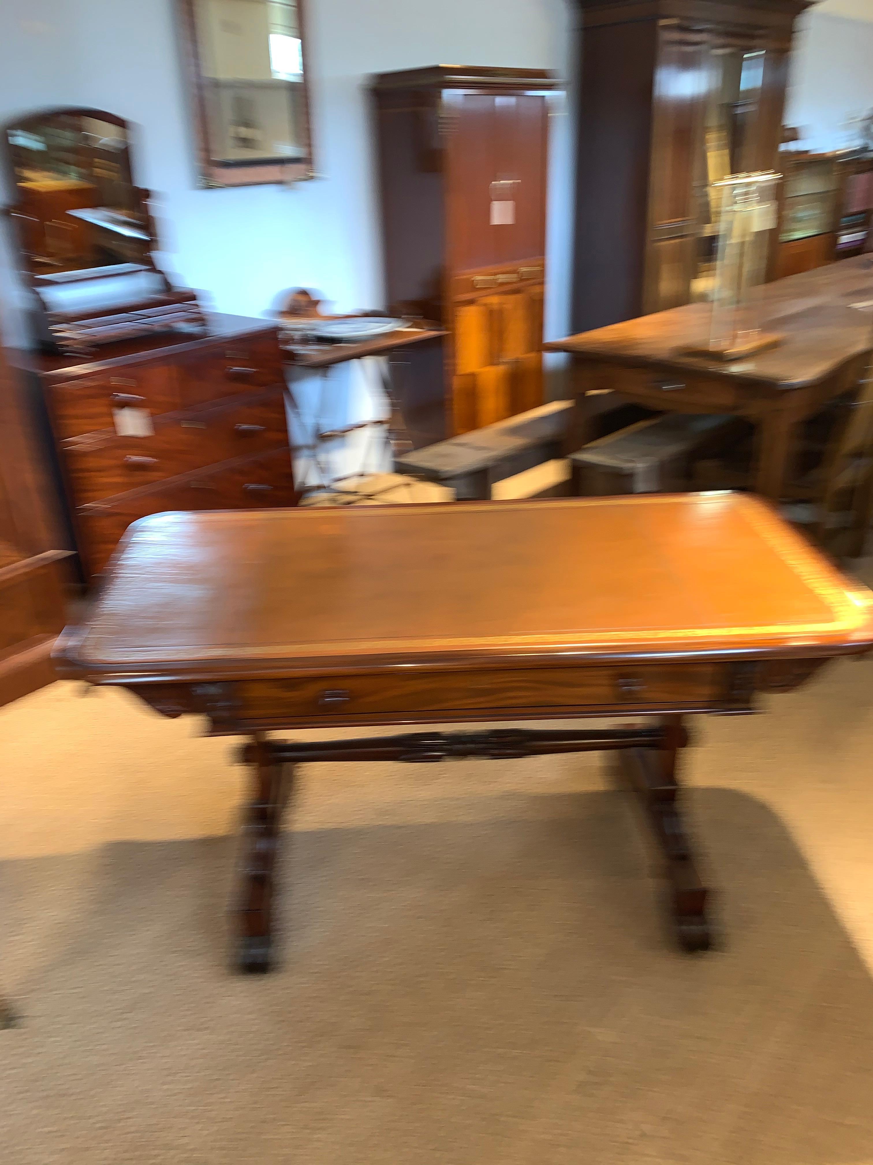 Lovely quality George IV mahogany writing table with large single drawer tan leather insert. This piece can free stand as polished on all sides 



English dating to circa 1820s this piece has been through our workshops cleaned, cleaned /