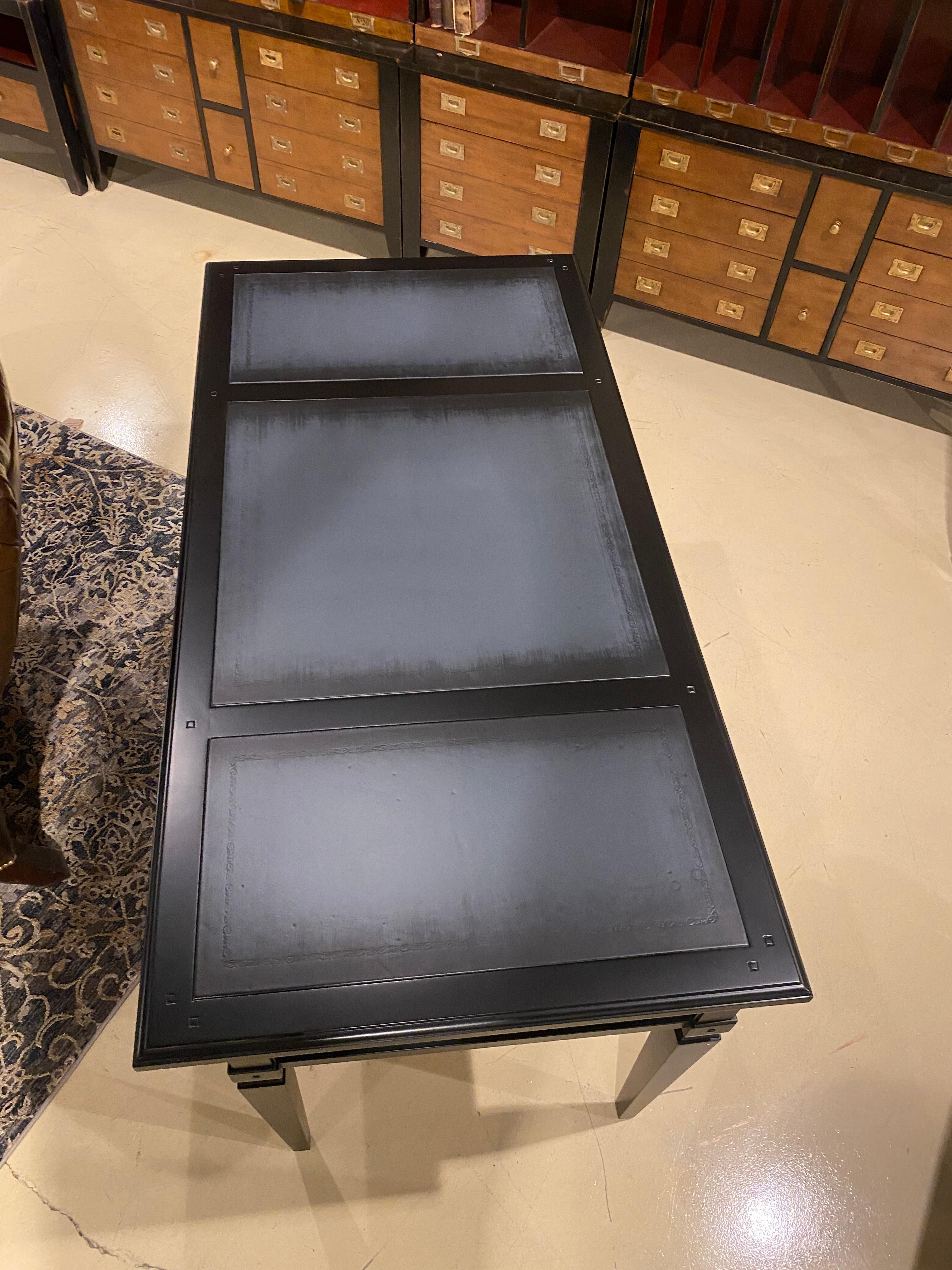 Italian Desk French Style Writing Desk,  Black Lacquer with Grey Leather Writing Surface For Sale