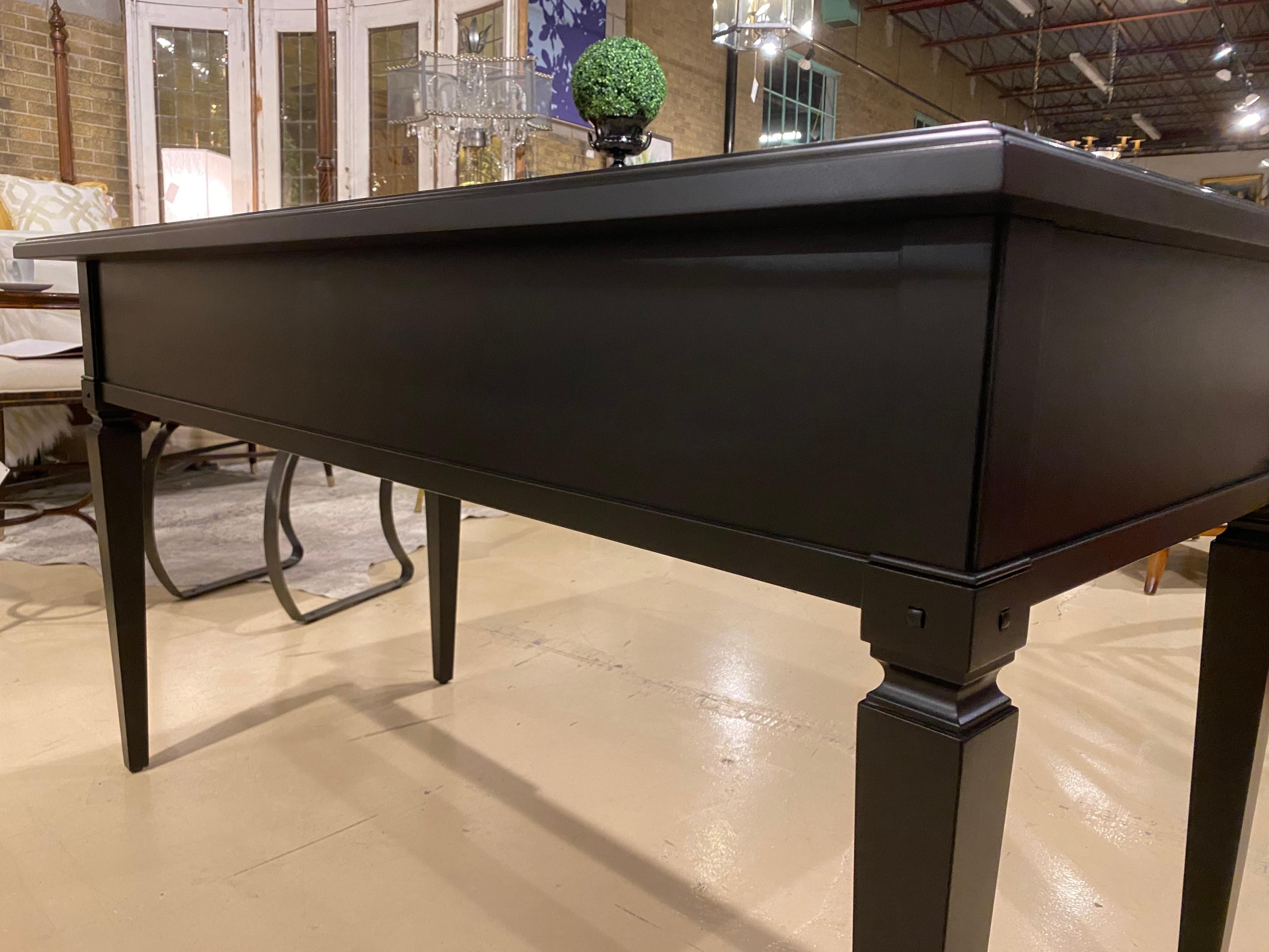 Desk French Style Writing Desk,  Black Lacquer with Grey Leather Writing Surface In Good Condition For Sale In Toronto, CA