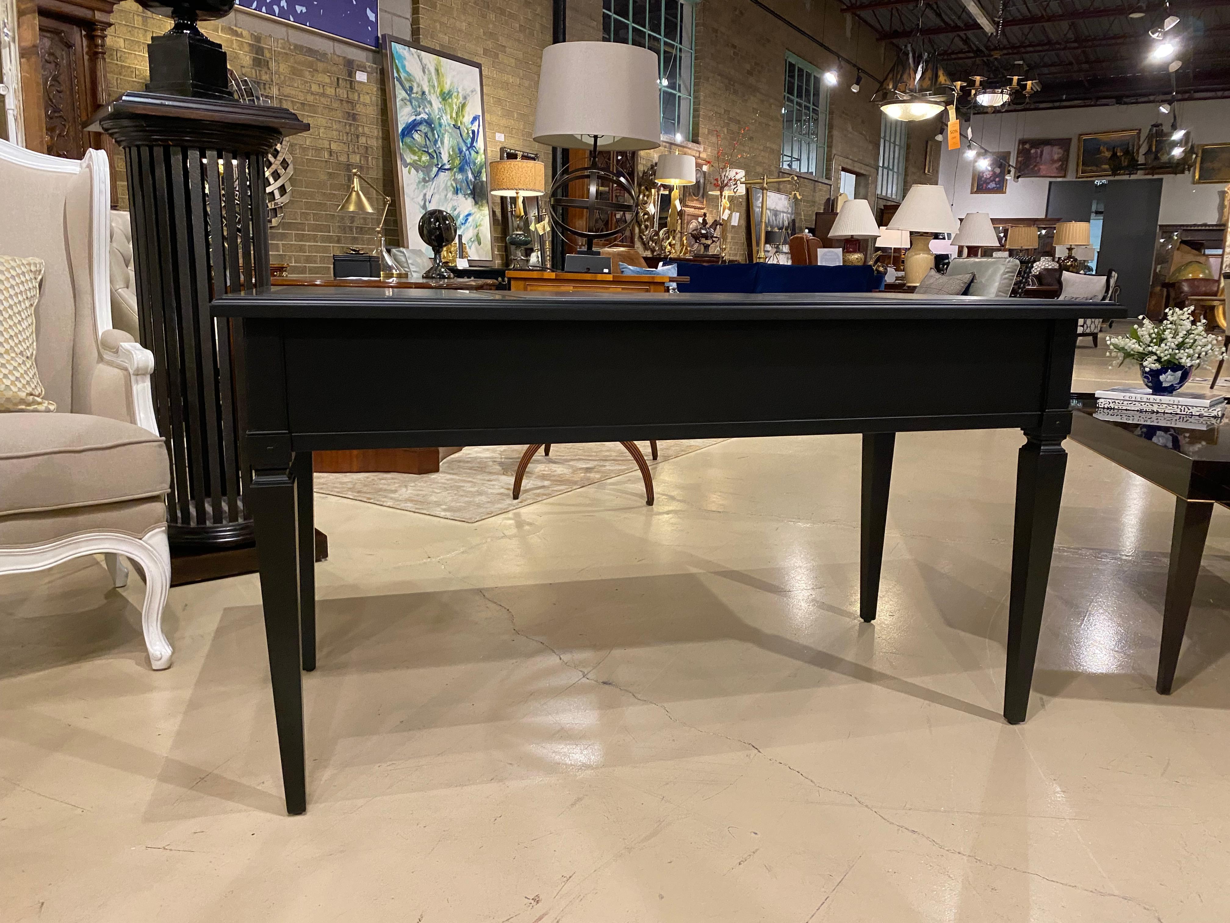 20th Century Desk French Style Writing Desk,  Black Lacquer with Grey Leather Writing Surface For Sale