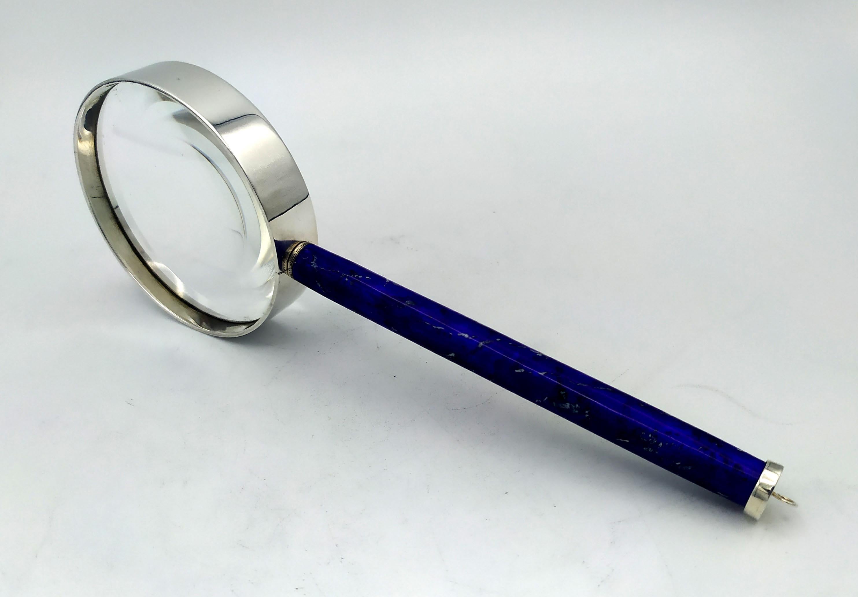 Enameled Desk glass enameled handle like lapis lazuli stone Sterling Silver Salimbeni For Sale
