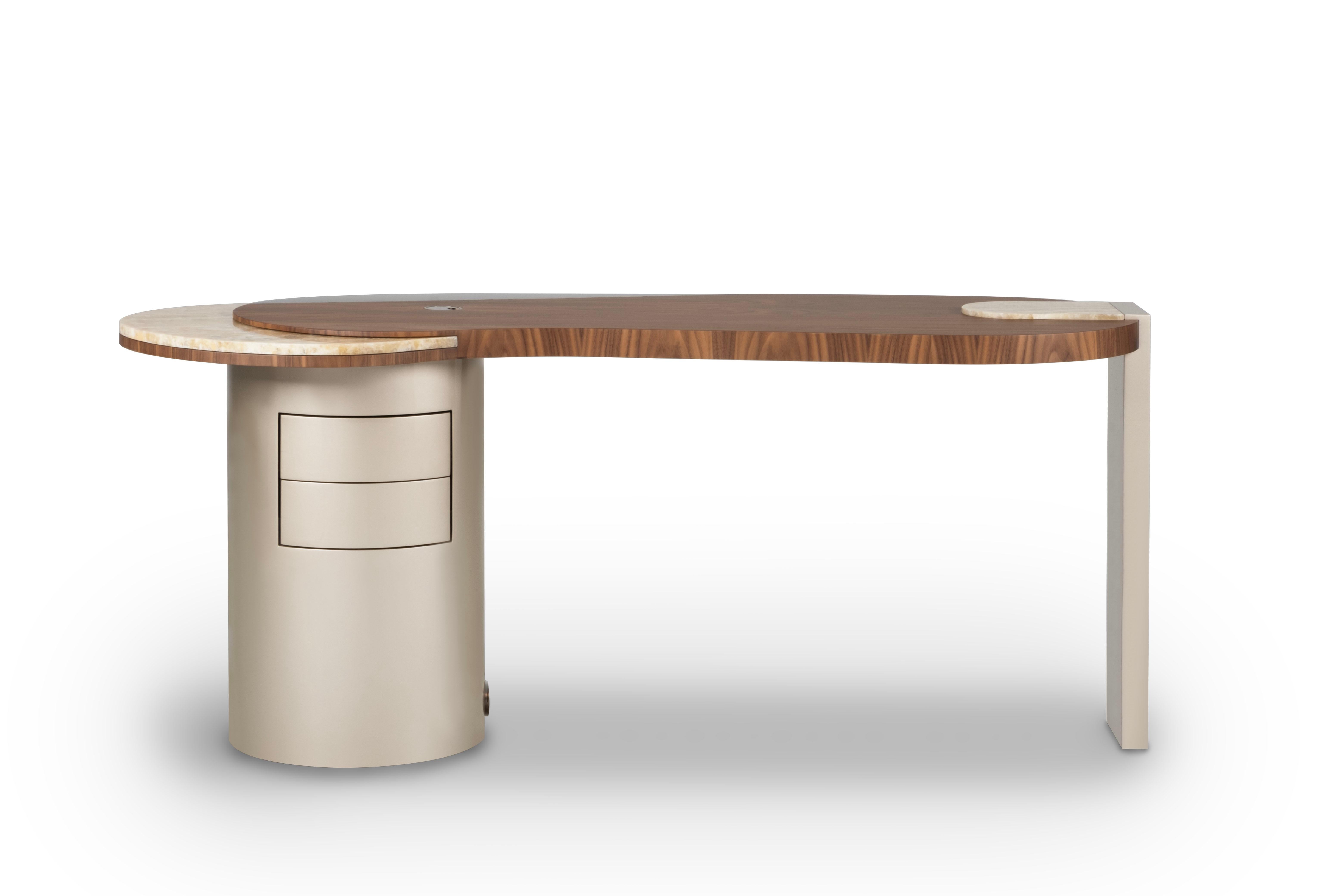 Hand-Crafted Organic Modern Armona Desk, Walnut Brass Onyx, Handmade Portugal by Greenapple For Sale