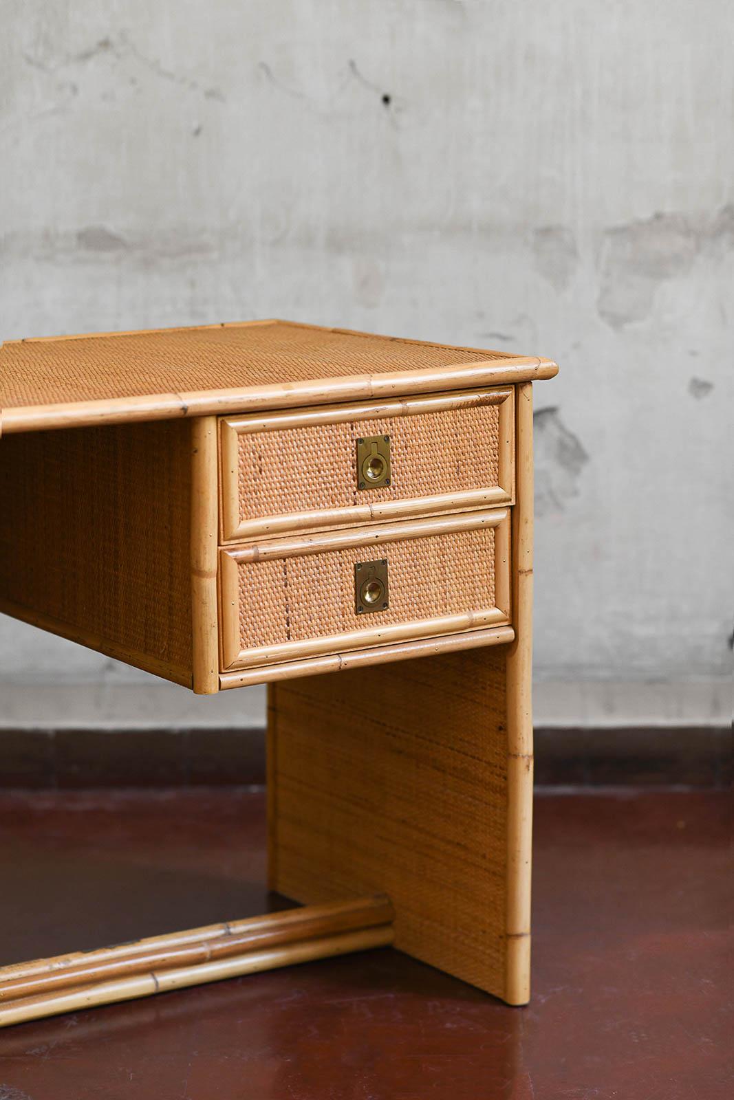 Late 20th Century Desk in bamboo and wicker with brass details. Produced by Dal Vera, 1970s For Sale