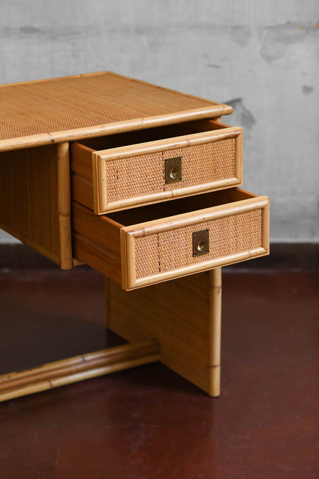 Bamboo Desk in bamboo and wicker with brass details. Produced by Dal Vera, 1970s For Sale