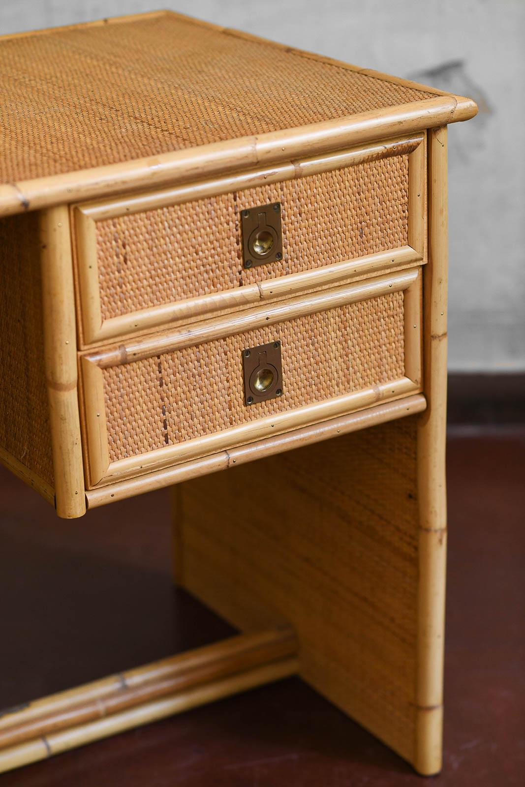 Desk in bamboo and wicker with brass details. Produced by Dal Vera, 1970s For Sale 1