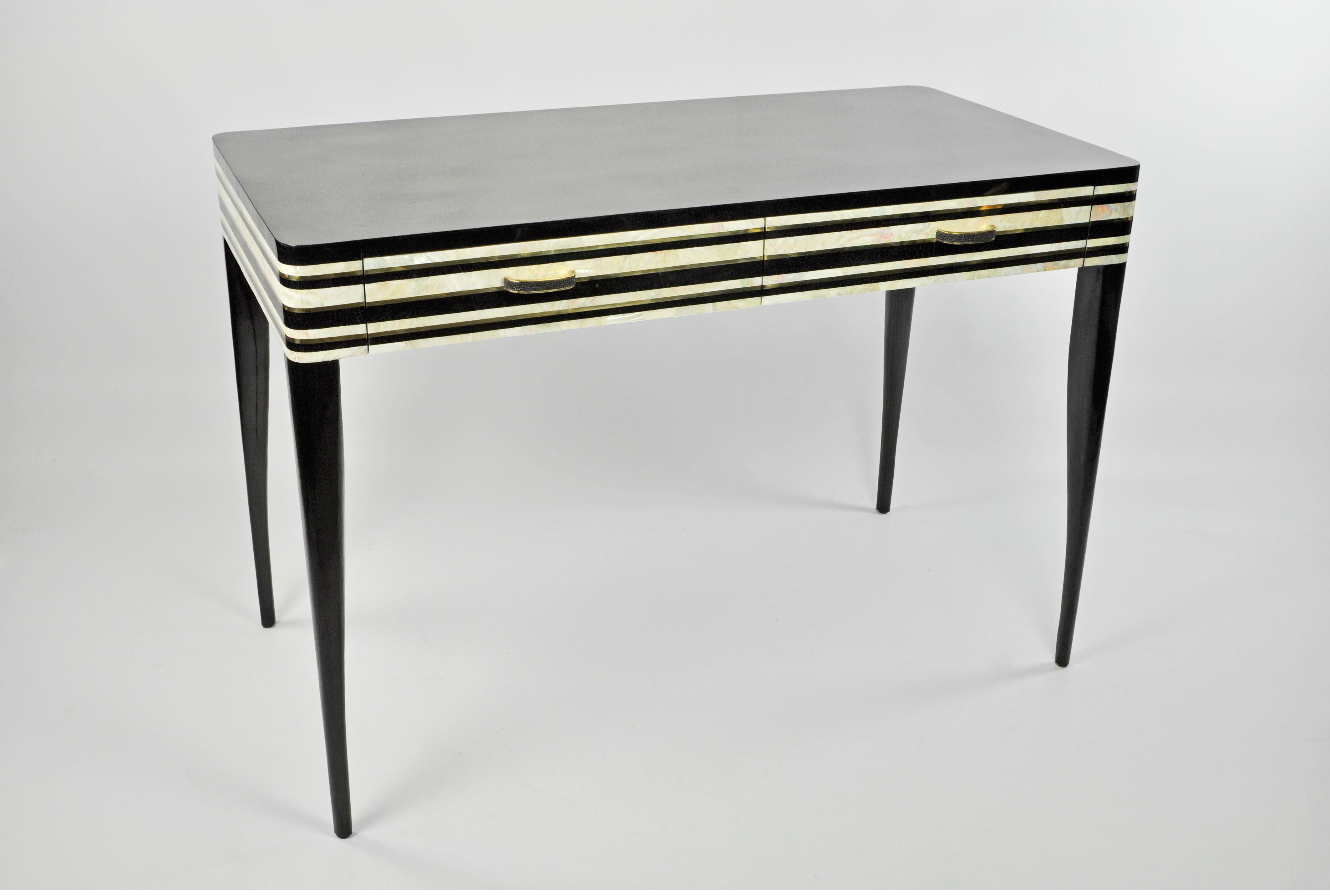 French Desk in Black and white marquetry by Ginger Brown For Sale