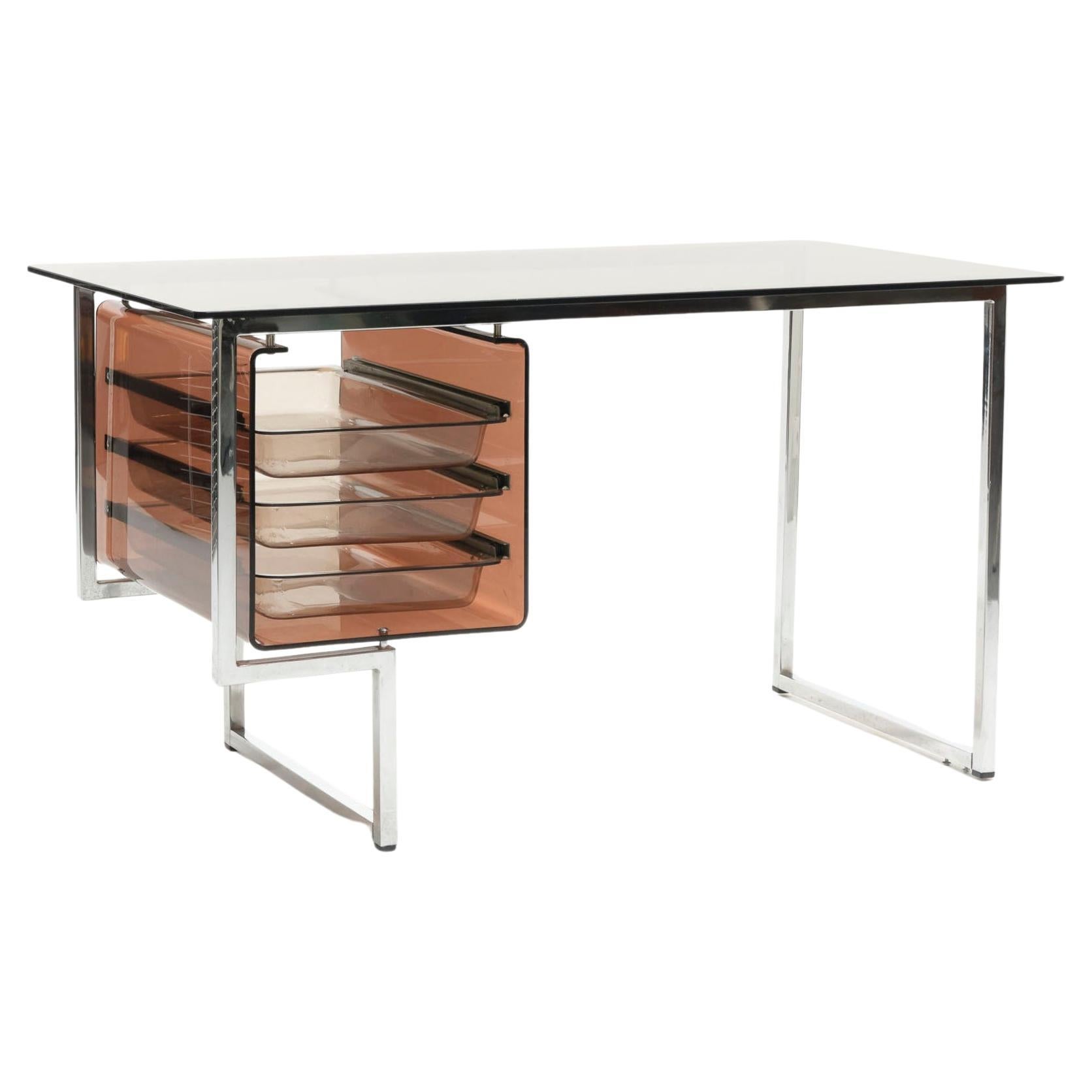 Desk in glass and smoked plexiglass, 1970s For Sale