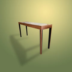 Desk In Green And Yellow Veneered Top And Walnut Legs With Three Drawers