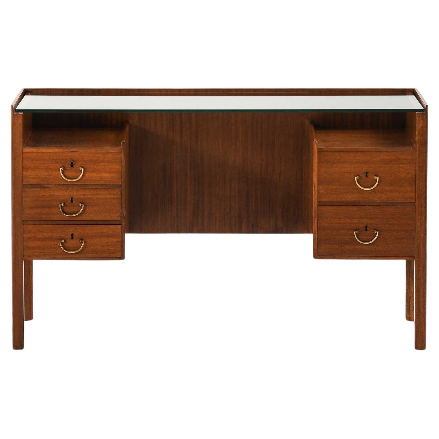 Desk in Mahogany, Brass & Glass Desk by Josef Frank, 1950s For Sale