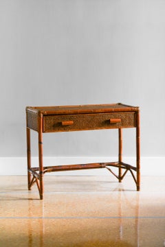 Desk in rush, wicker and Vienna straw, dark finish, Italy 1980