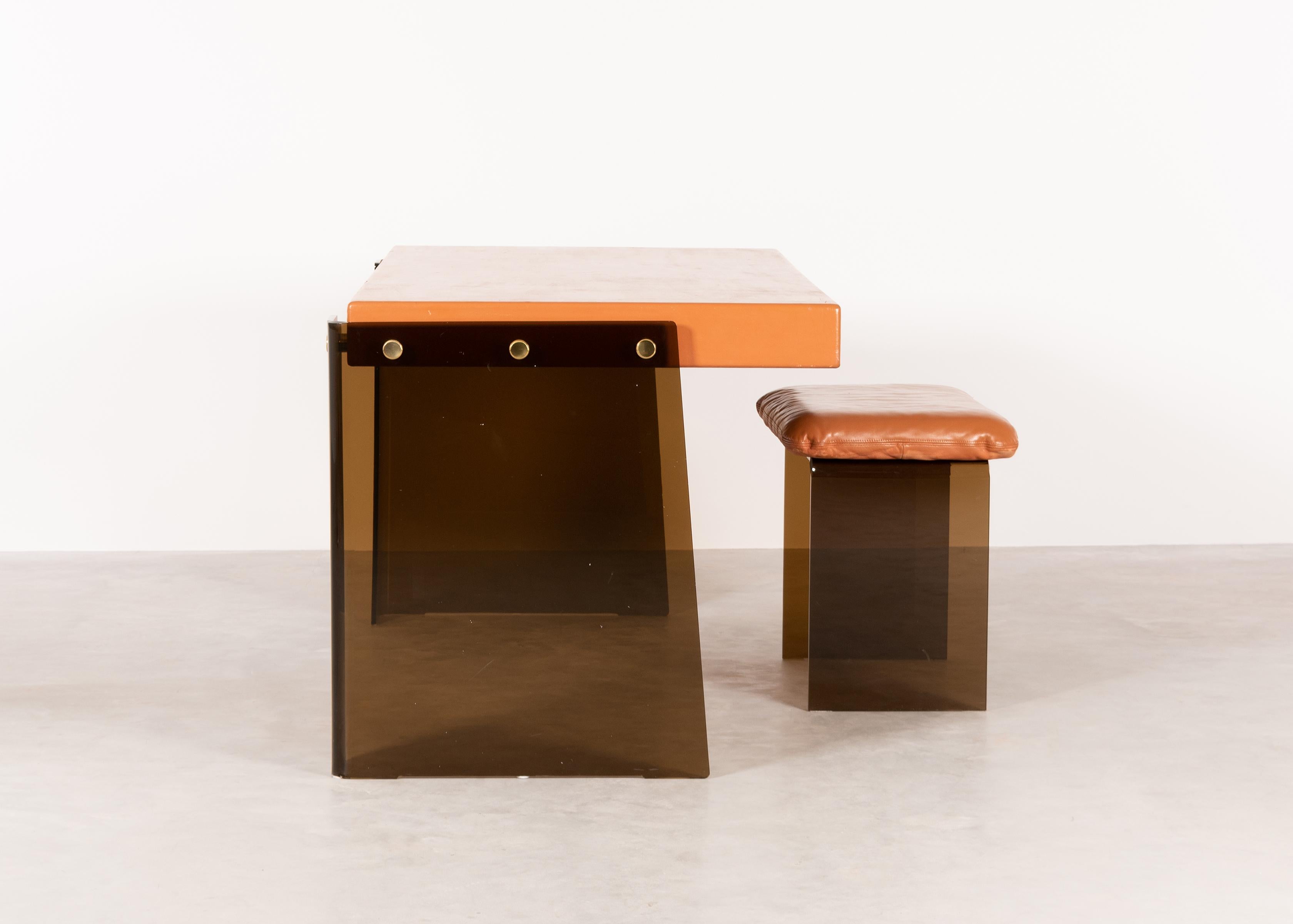 French Desk in Smoked Plexiglass and Orange Leather, France, 1975