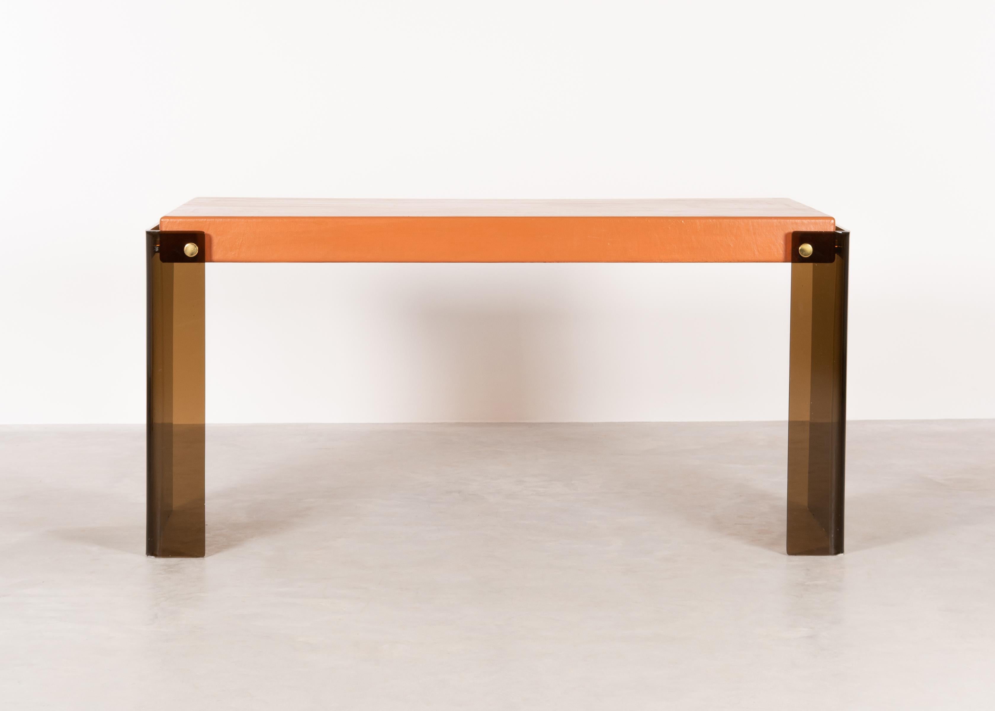 Desk in Smoked Plexiglass and Orange Leather, France, 1975 In Good Condition In Amsterdam, NL