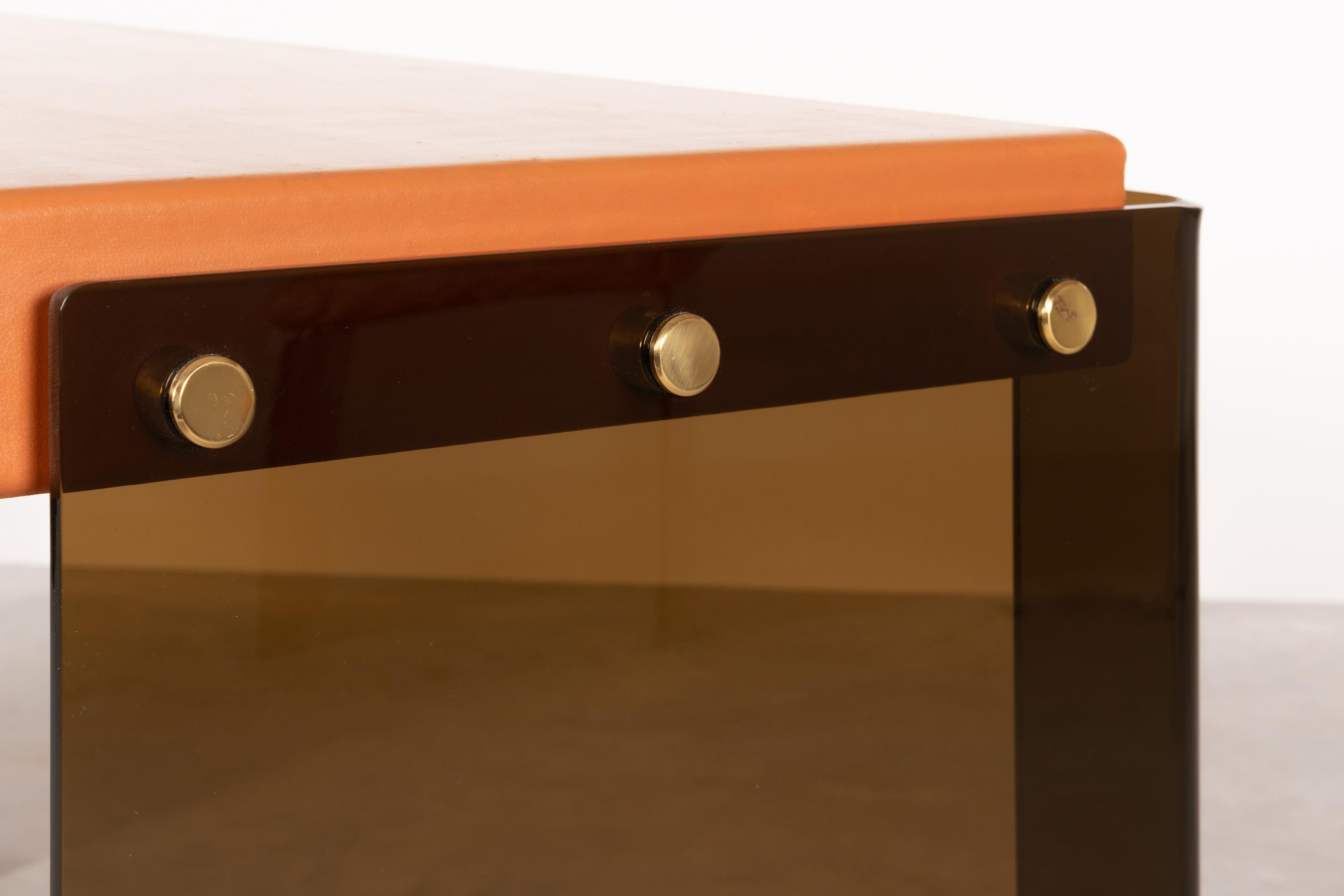 Desk in Smoked Plexiglass and Orange Leather, France, 1975 2