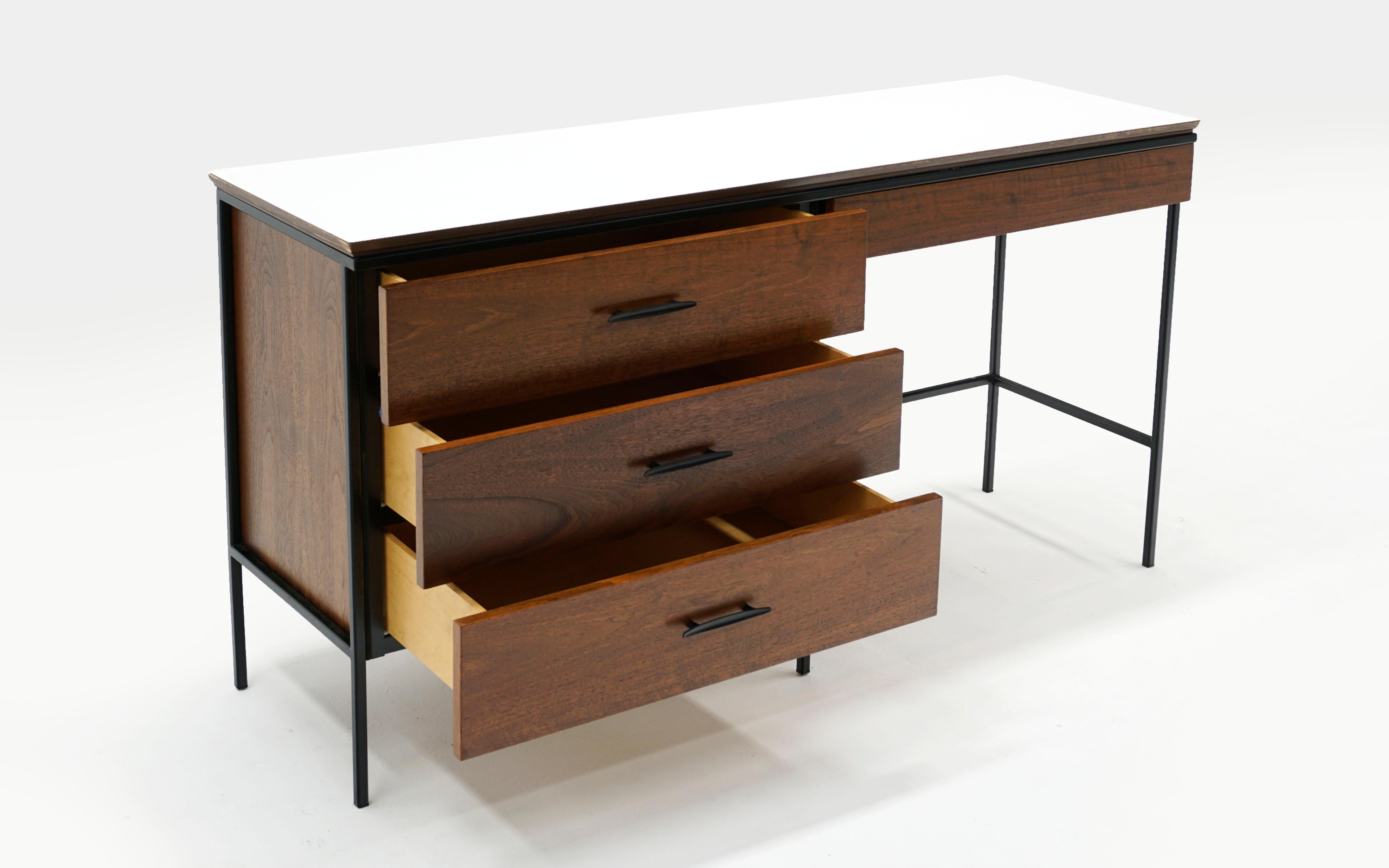 Mid-Century Modern Desk in Walnut, White Laminate with Black Steel Frame by Vista of California For Sale